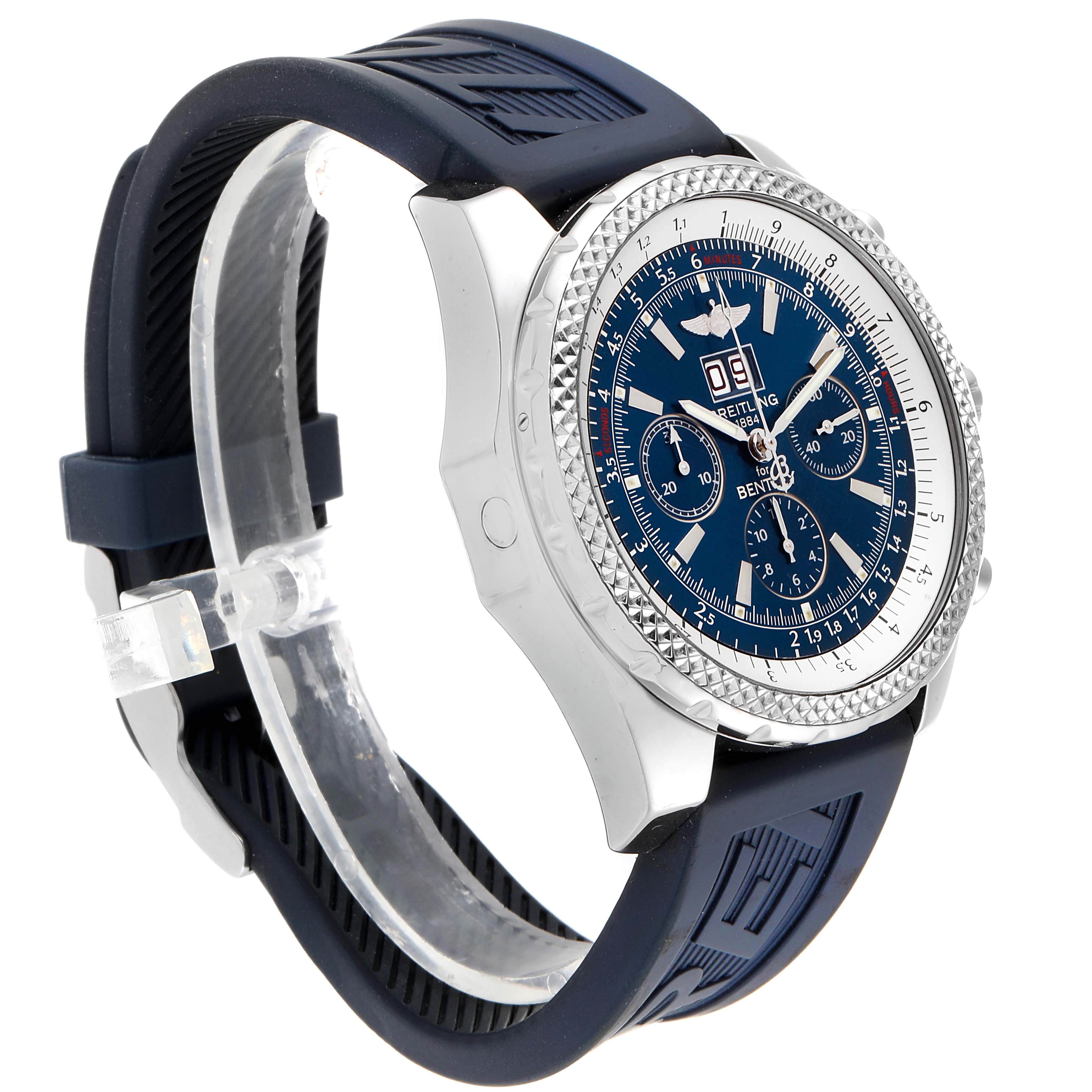 The Breitling Bentley A44362 Men's Stainless Steel Blue Dial A44362 Men's Stainless Steel Blue Dial watch is shown at a slight side angle, displaying the face, bezel, and part of the band.