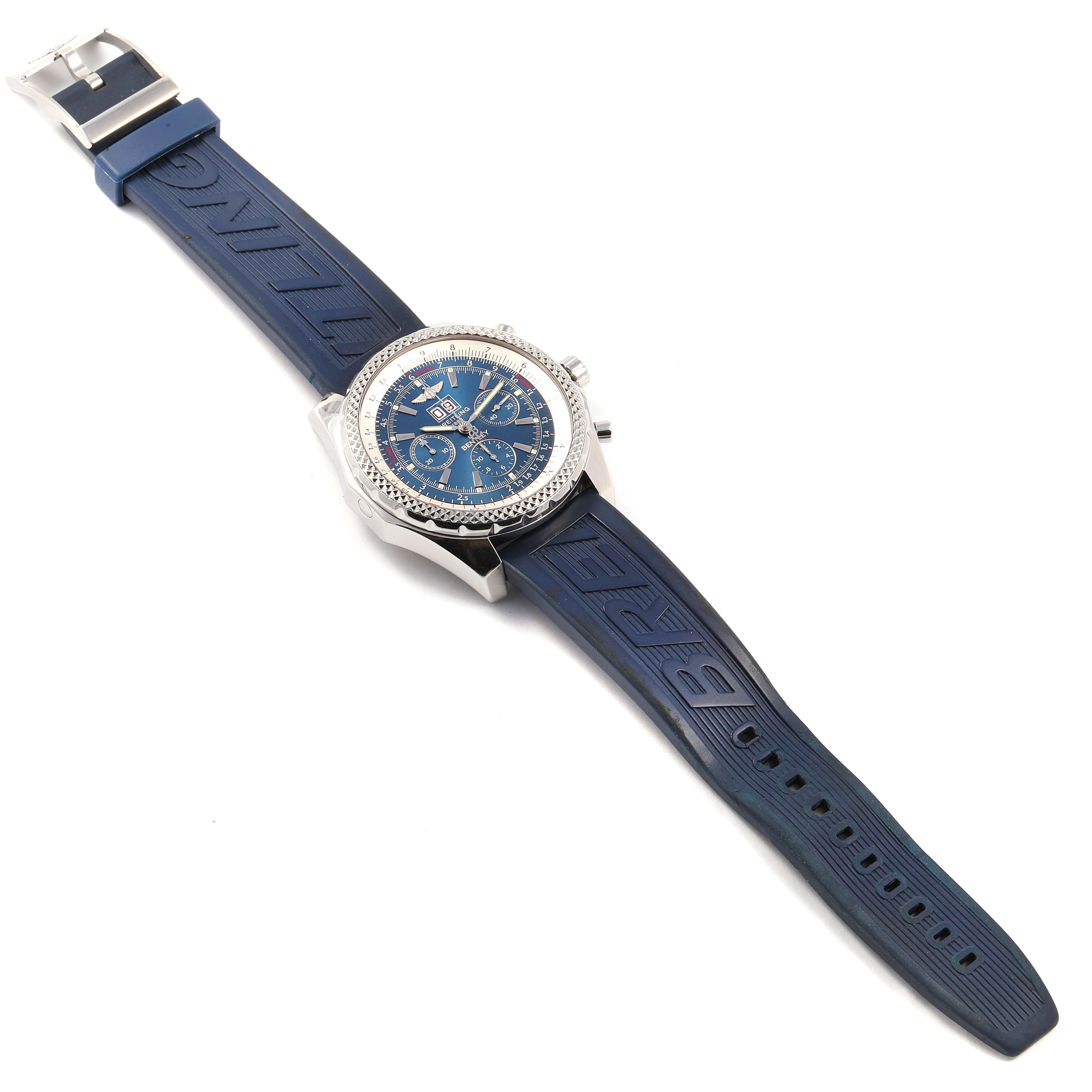 This Breitling Bentley A44362 Men's Stainless Steel Blue Dial A44362 Men's Stainless Steel Blue Dial model watch is shown flat from an overhead angle, clearly displaying the face, case, and blue strap.