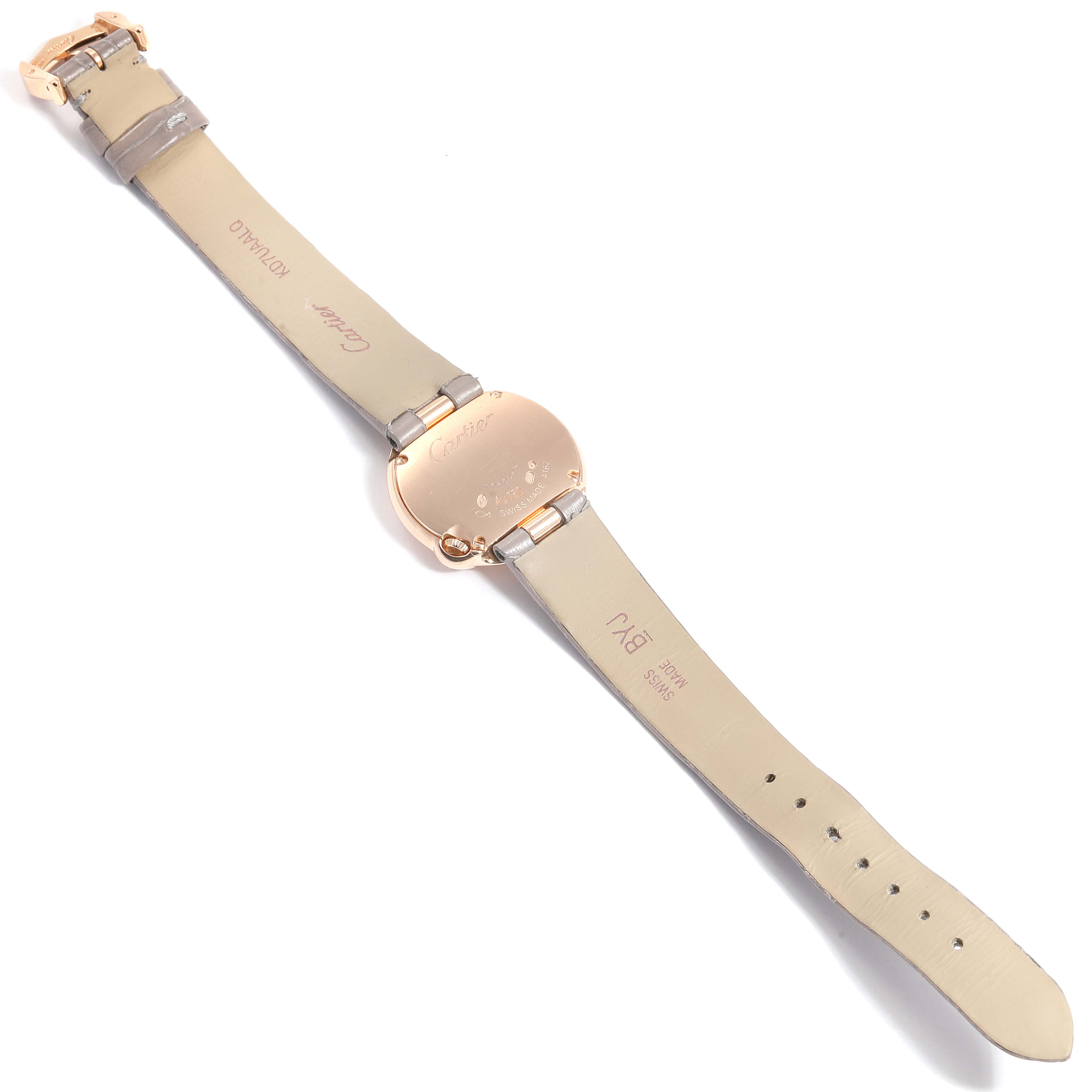 The image shows the back view of a Cartier Ballon Bleu watch, displaying the straps and case back.