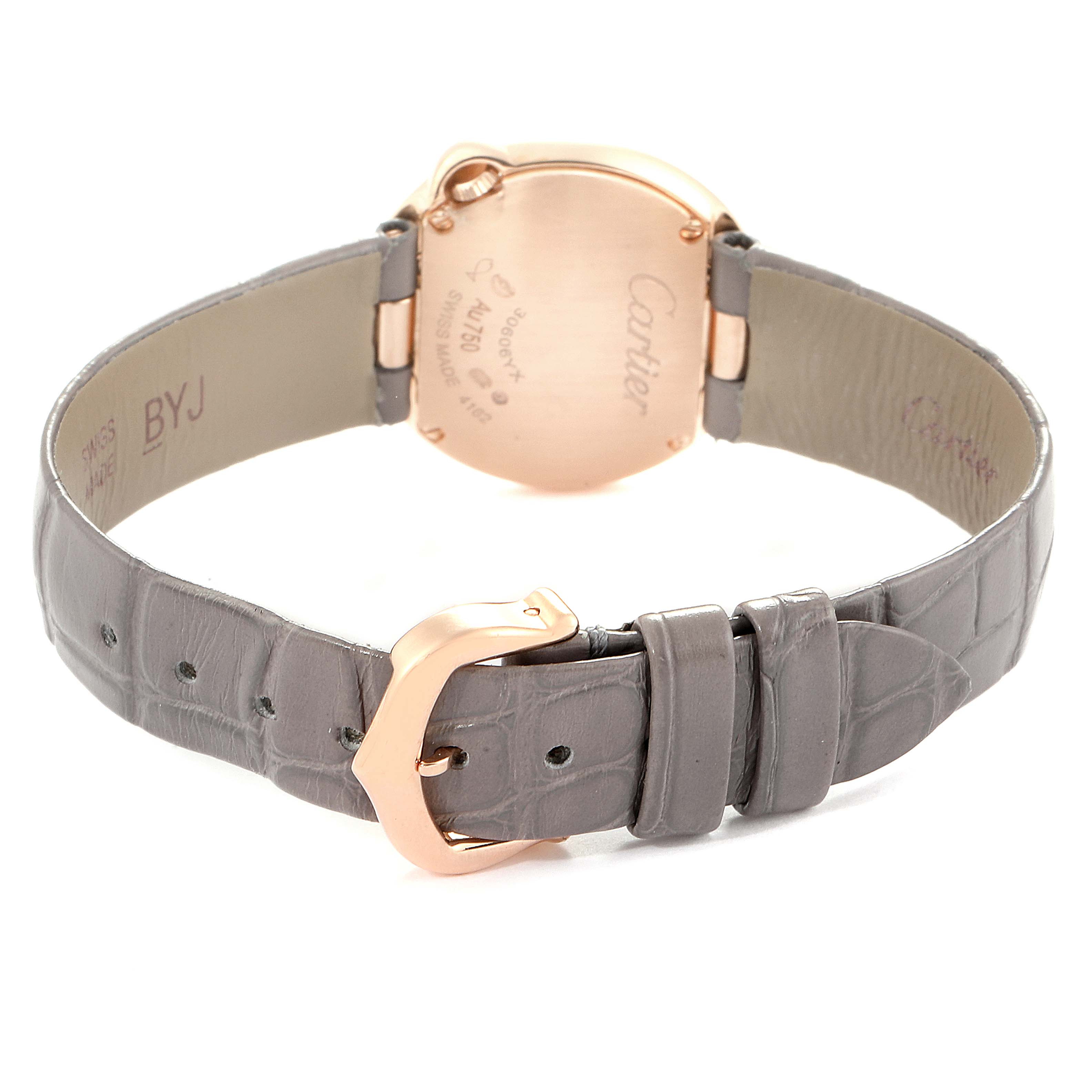 The image shows the back view of a Ballon Bleu by Cartier with visible strap, buckle, and case back.