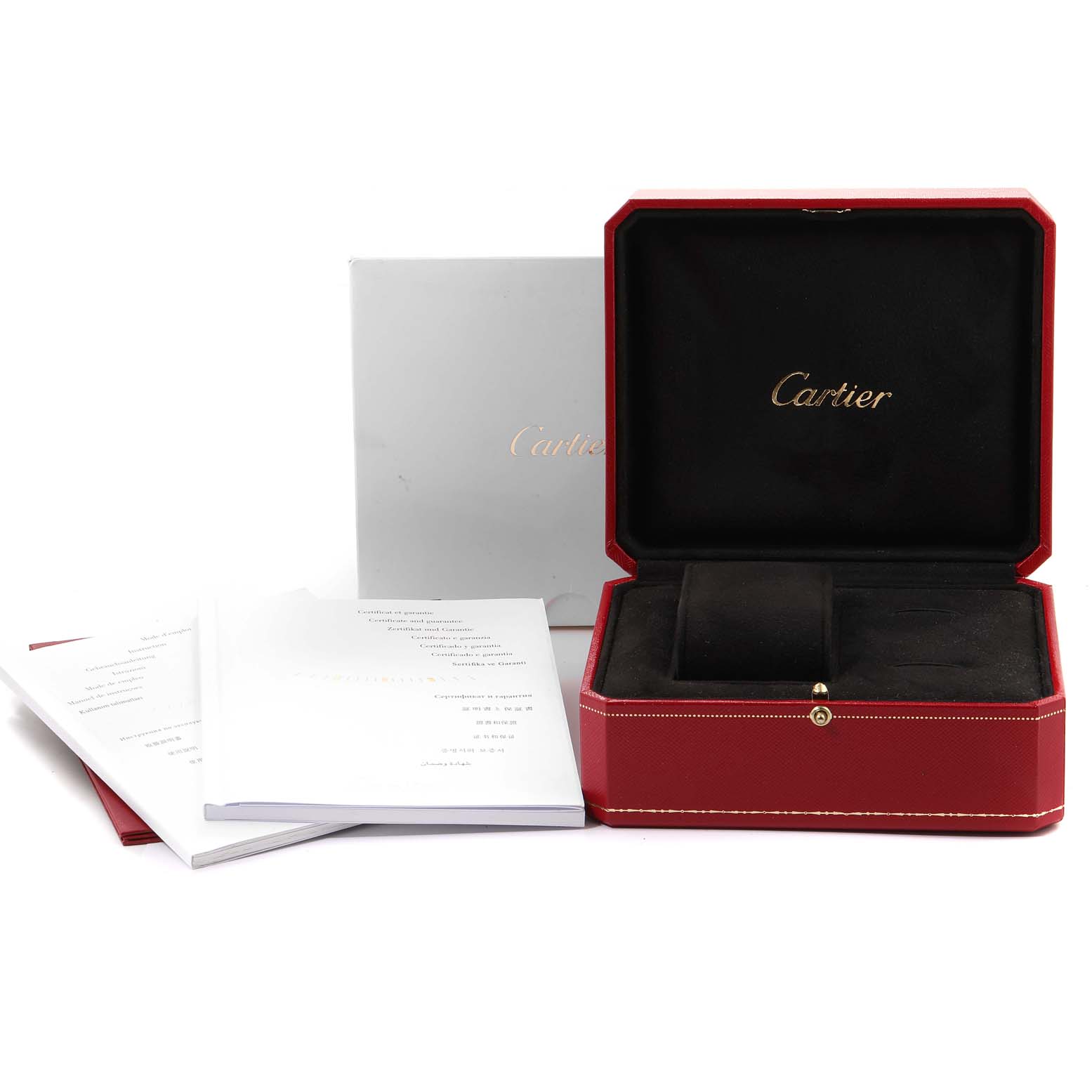 This image shows the Cartier Ballon Bleu watch accessories, including the red box, outer box, and manuals.