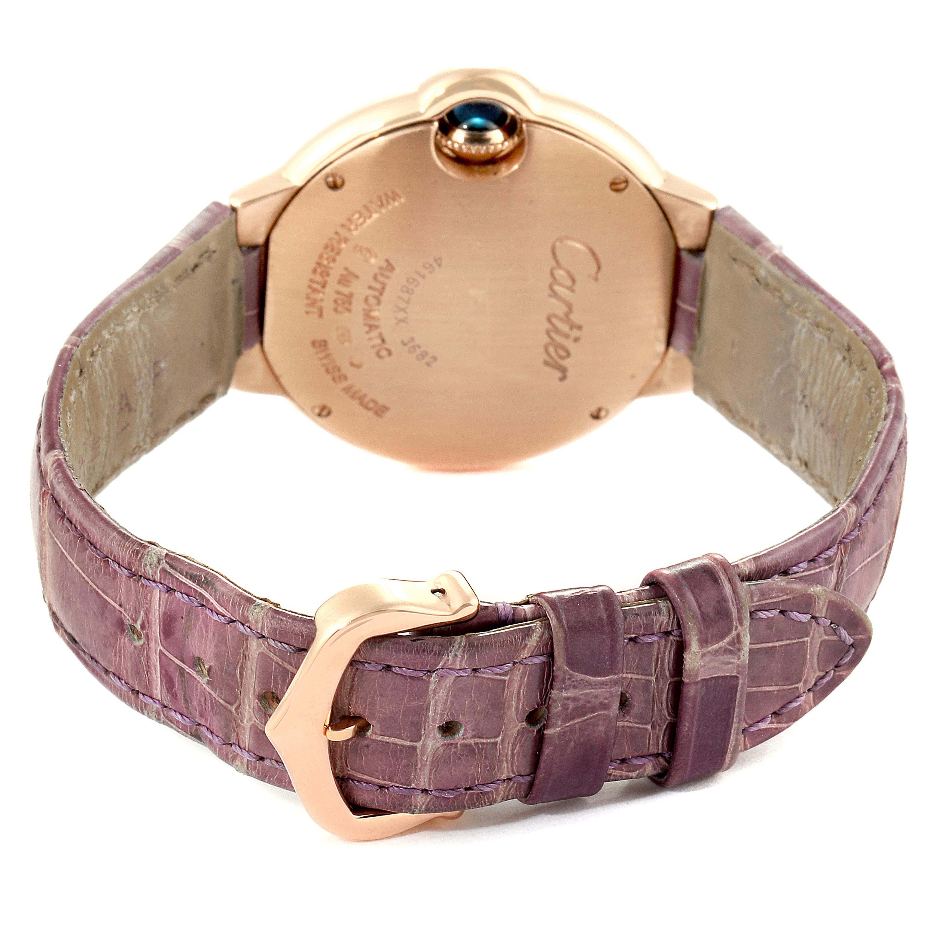 The image shows the back and strap of a Cartier Ballon Bleu WE902063 Women's Rose Gold Silver Dial WE902063 Women's Rose Gold Silver Dial watch at an angled view.