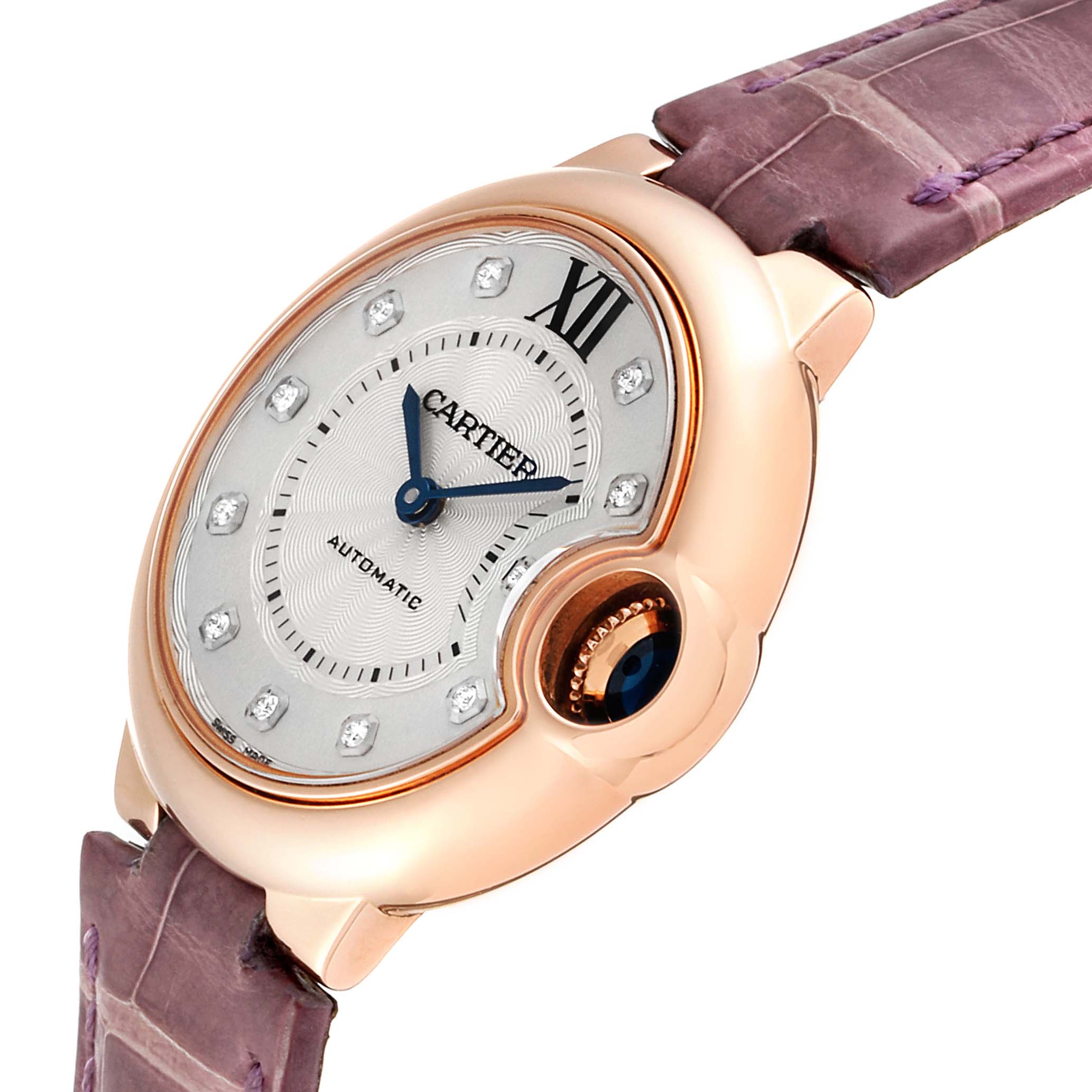This image shows a close-up angle of the Cartier Ballon Bleu WE902063 Women's Rose Gold Silver Dial WE902063 Women's Rose Gold Silver Dial watch, highlighting the face, crown, and part of the strap.