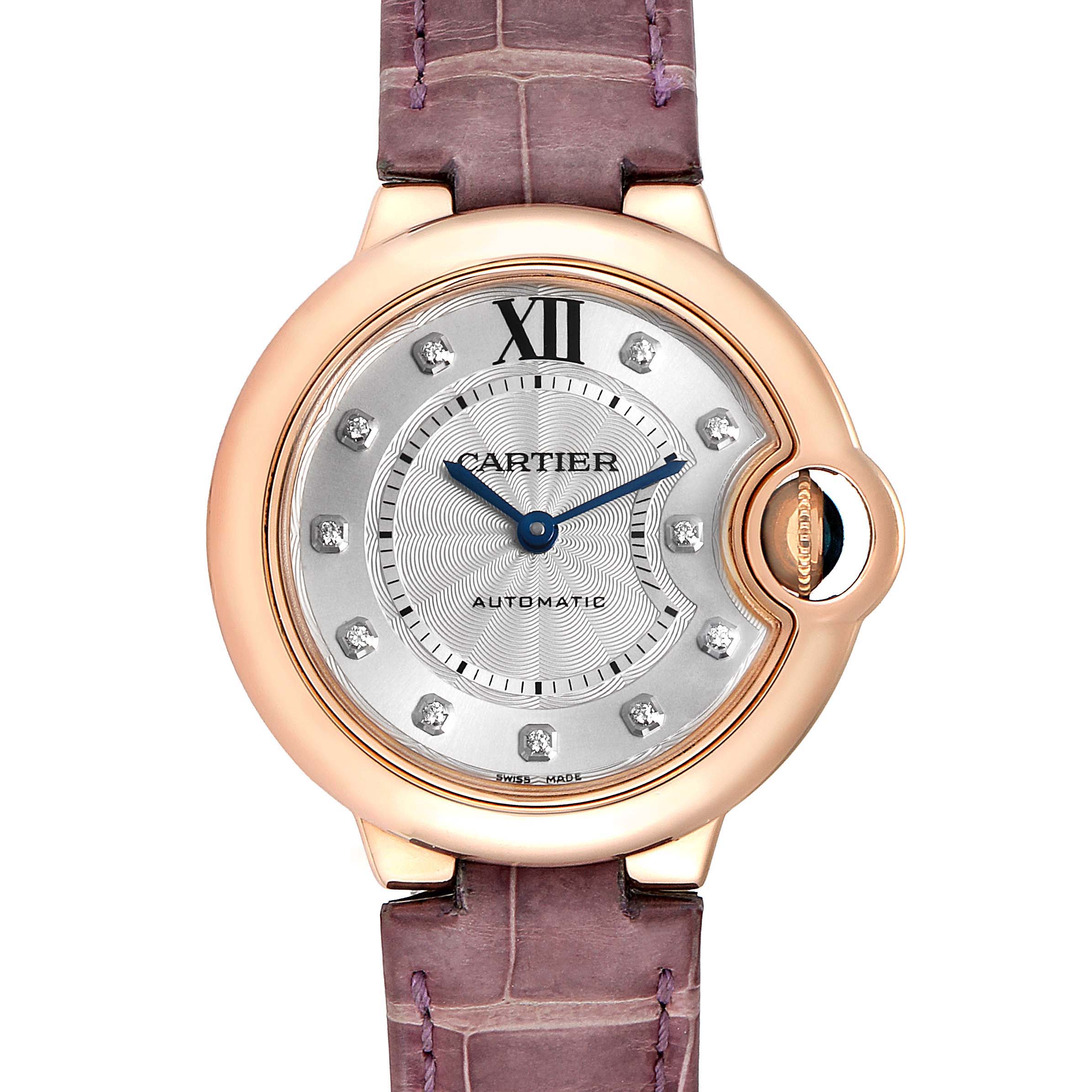 This is a close-up front view of a Cartier Ballon Bleu WE902063 Women's Rose Gold Silver Dial WE902063 Women's Rose Gold Silver Dial watch showing the face, hands, and part of the strap.