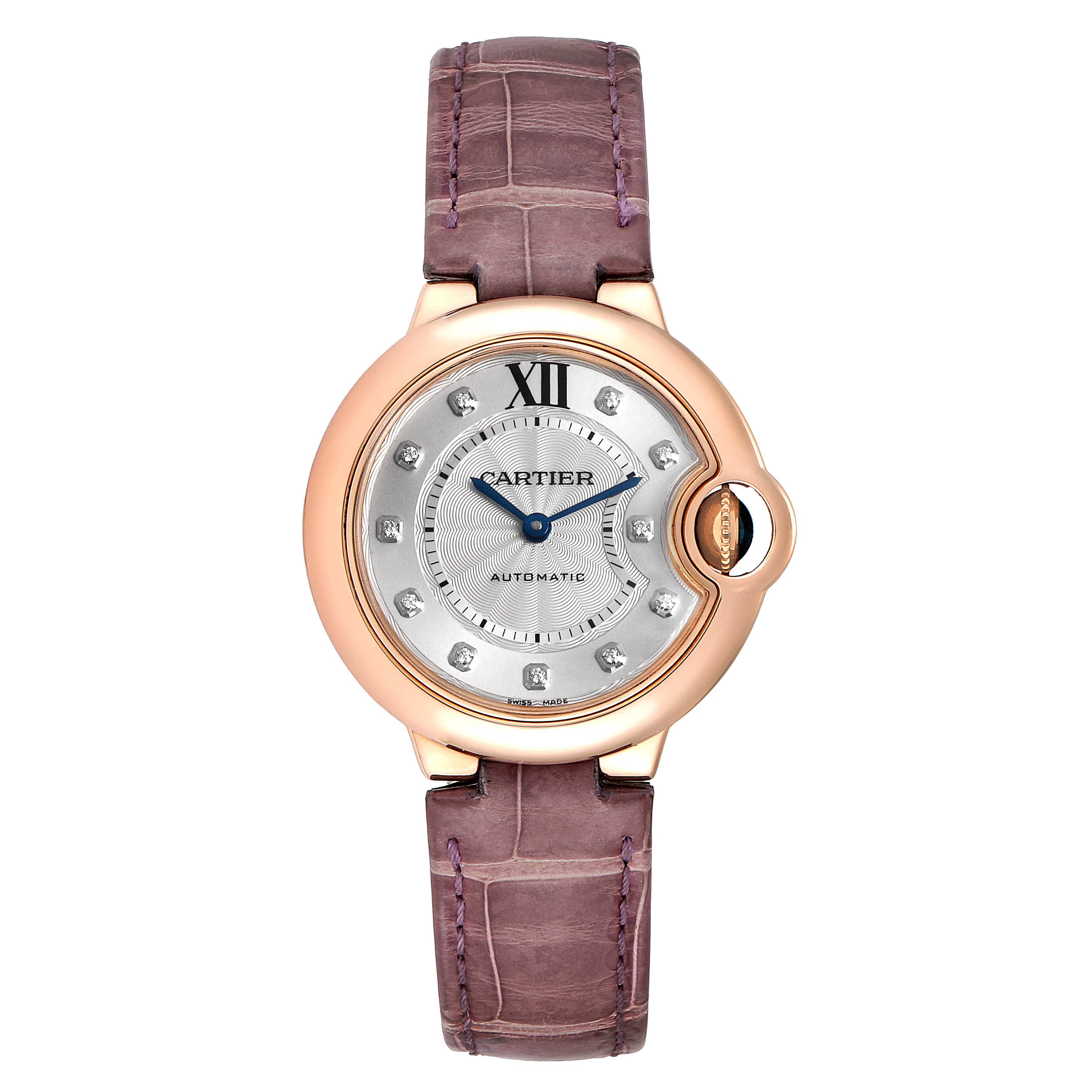 A top view of the Cartier Ballon Bleu WE902063 Women's Rose Gold Silver Dial WE902063 Women's Rose Gold Silver Dial watch, showing the face, dial, case, and purple leather strap.