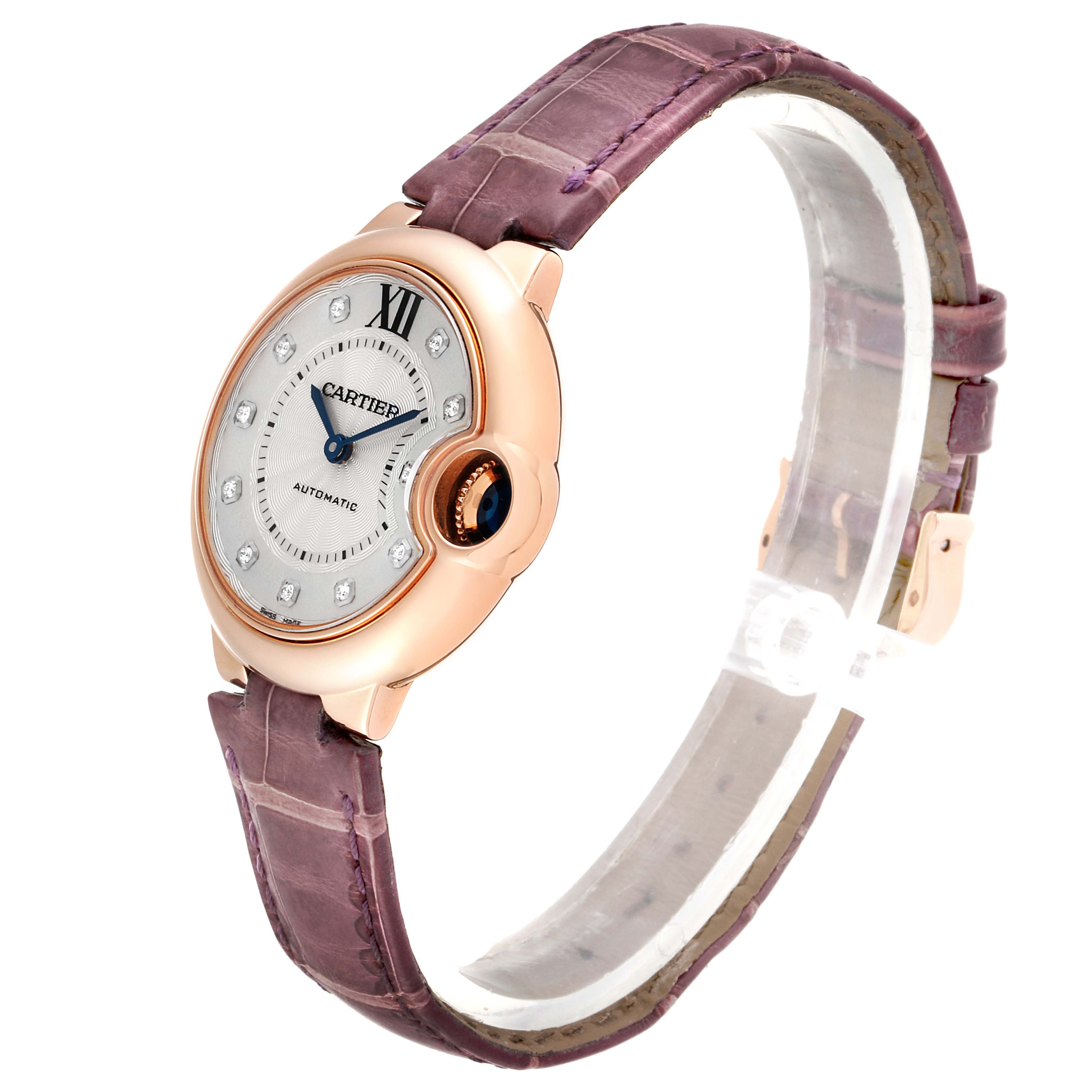 This image shows a side angle view of the Cartier Ballon Bleu WE902063 Women's Rose Gold Silver Dial WE902063 Women's Rose Gold Silver Dial watch, featuring its dial, bezel, and strap.