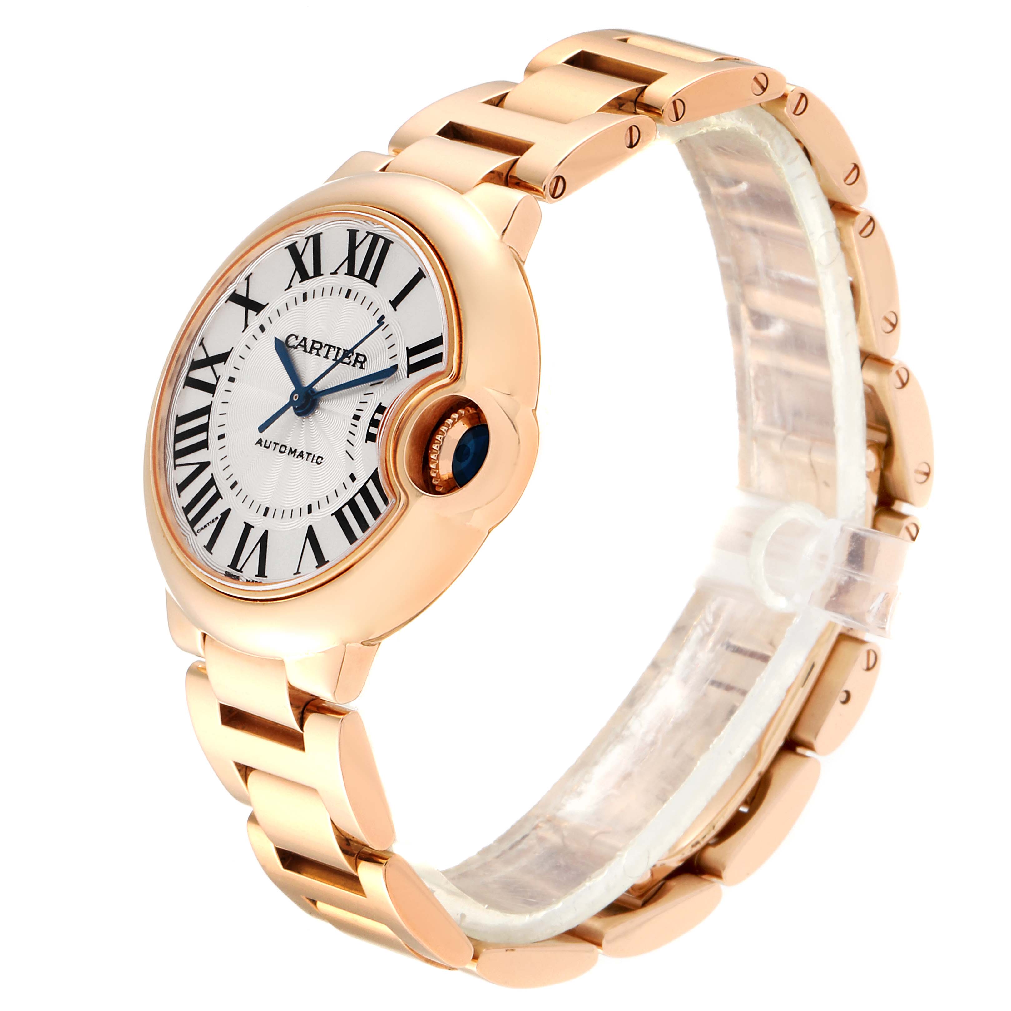 The Cartier Ballon Bleu W6920096 Women's Rose Gold Silver Dial W6920096 Women's Rose Gold Silver Dial watch is shown at a side angle, highlighting the face, bezel, and bracelet.