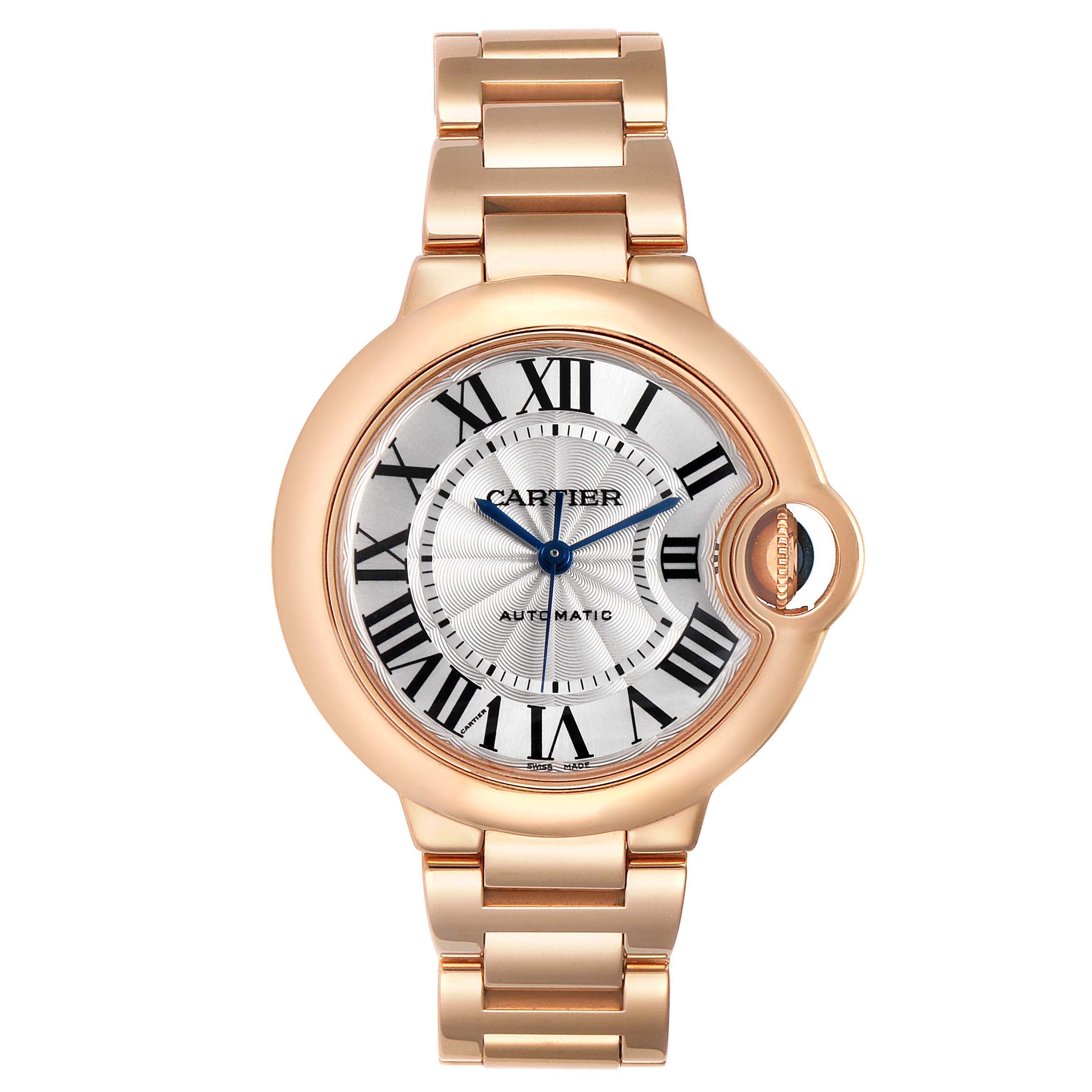 This image shows a front view of the Cartier Ballon Bleu W6920096 Women's Rose Gold Silver Dial W6920096 Women's Rose Gold Silver Dial watch, displaying its dial, hands, and bracelet.
