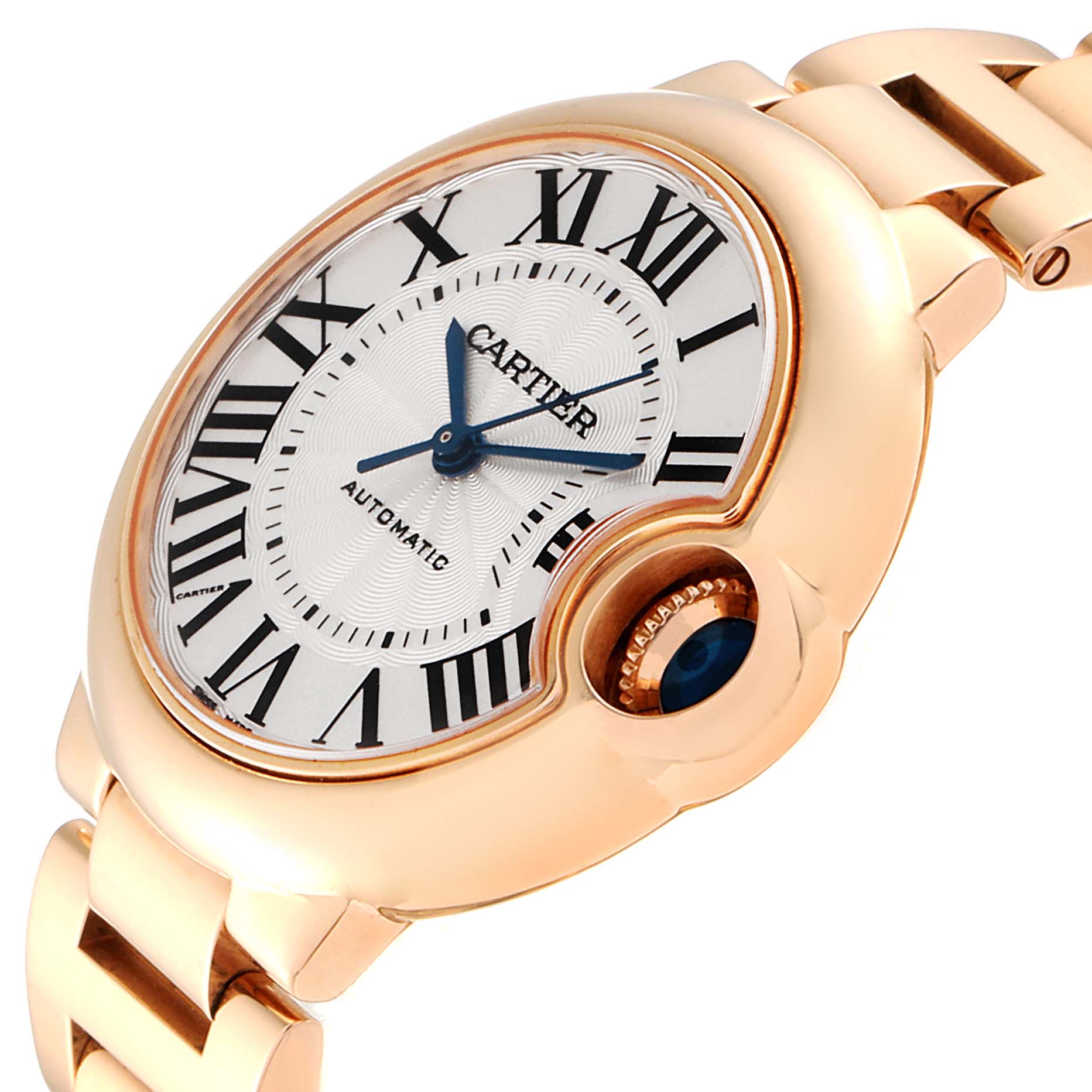 This image shows a close-up, angled view of the Cartier Ballon Bleu W6920096 Women's Rose Gold Silver Dial W6920096 Women's Rose Gold Silver Dial watch's face and part of its bracelet.