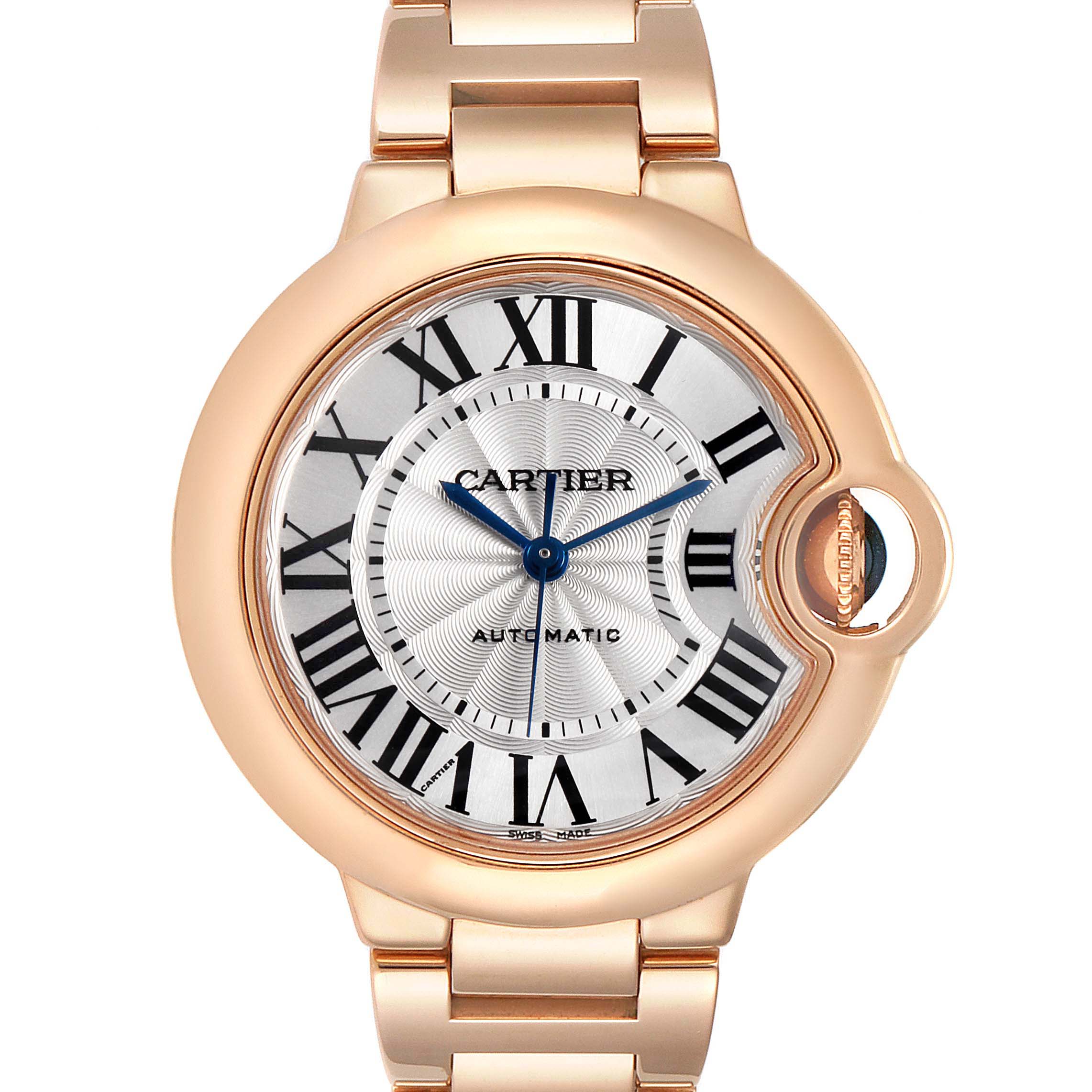 The image shows a front view of the Ballon Bleu by Cartier, highlighting the watch face, Roman numerals, and bracelet.