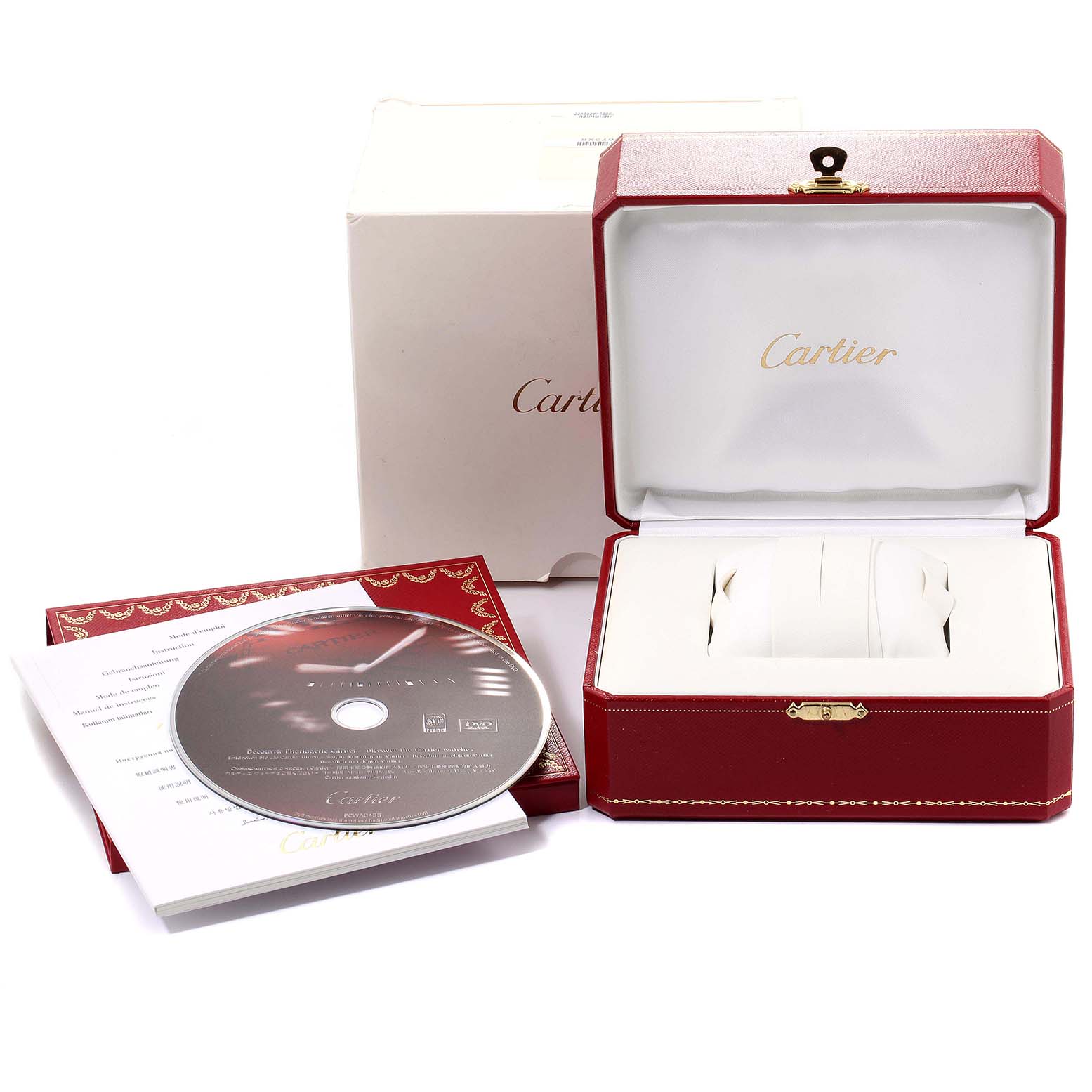 This image shows the Cartier Ballon Bleu W6920096 Women's Rose Gold Silver Dial W6920096 Women's Rose Gold Silver Dial watch box, instruction manual, and accompanying CD from a front angle.