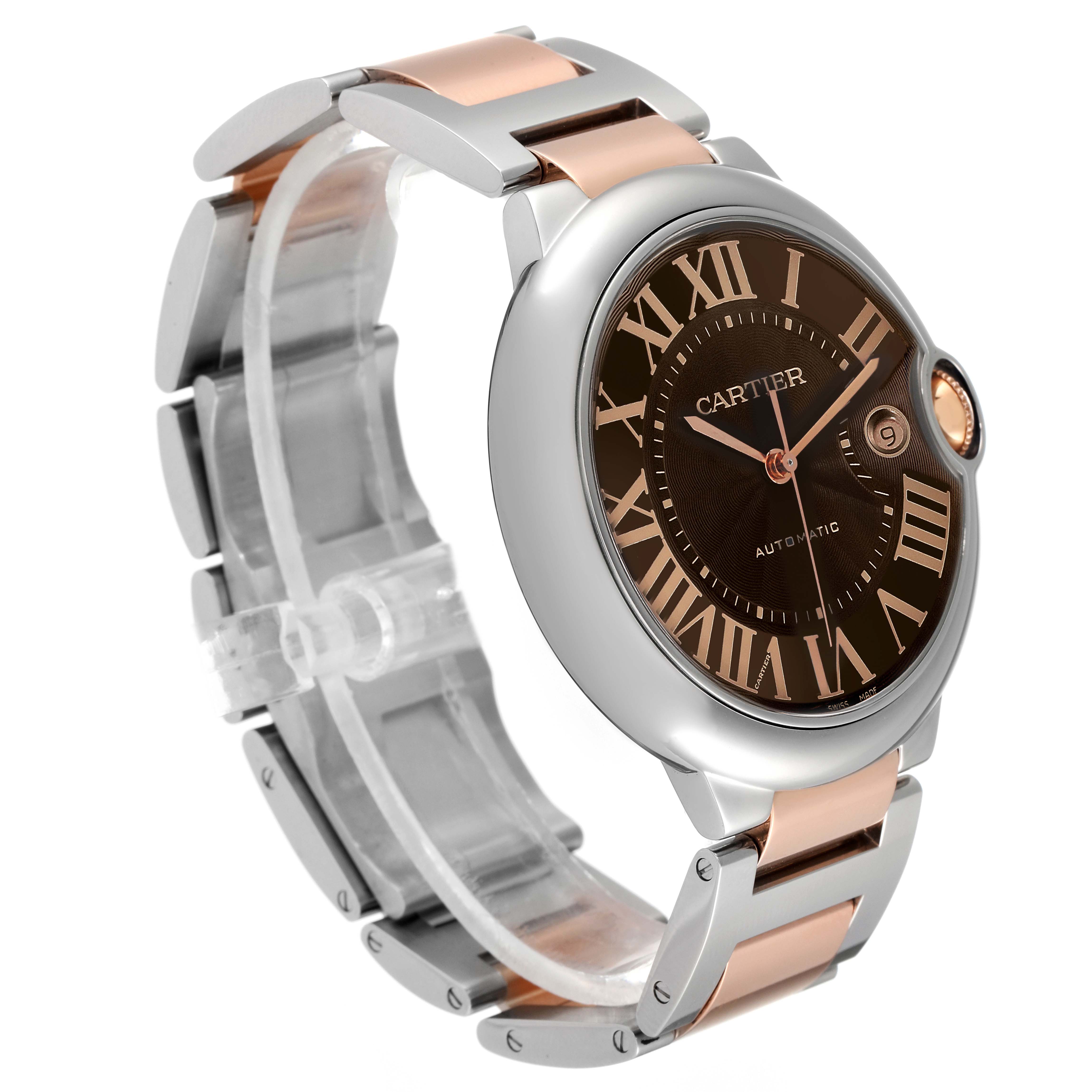 The image shows a right front-side angle of a Cartier Ballon Bleu W6920032 Men's Steel and Gold (two tone) Brown Dial W6920032 Men's Steel and Gold (two tone) Brown Dial watch, highlighting its face, bezel, and two-tone bracelet.