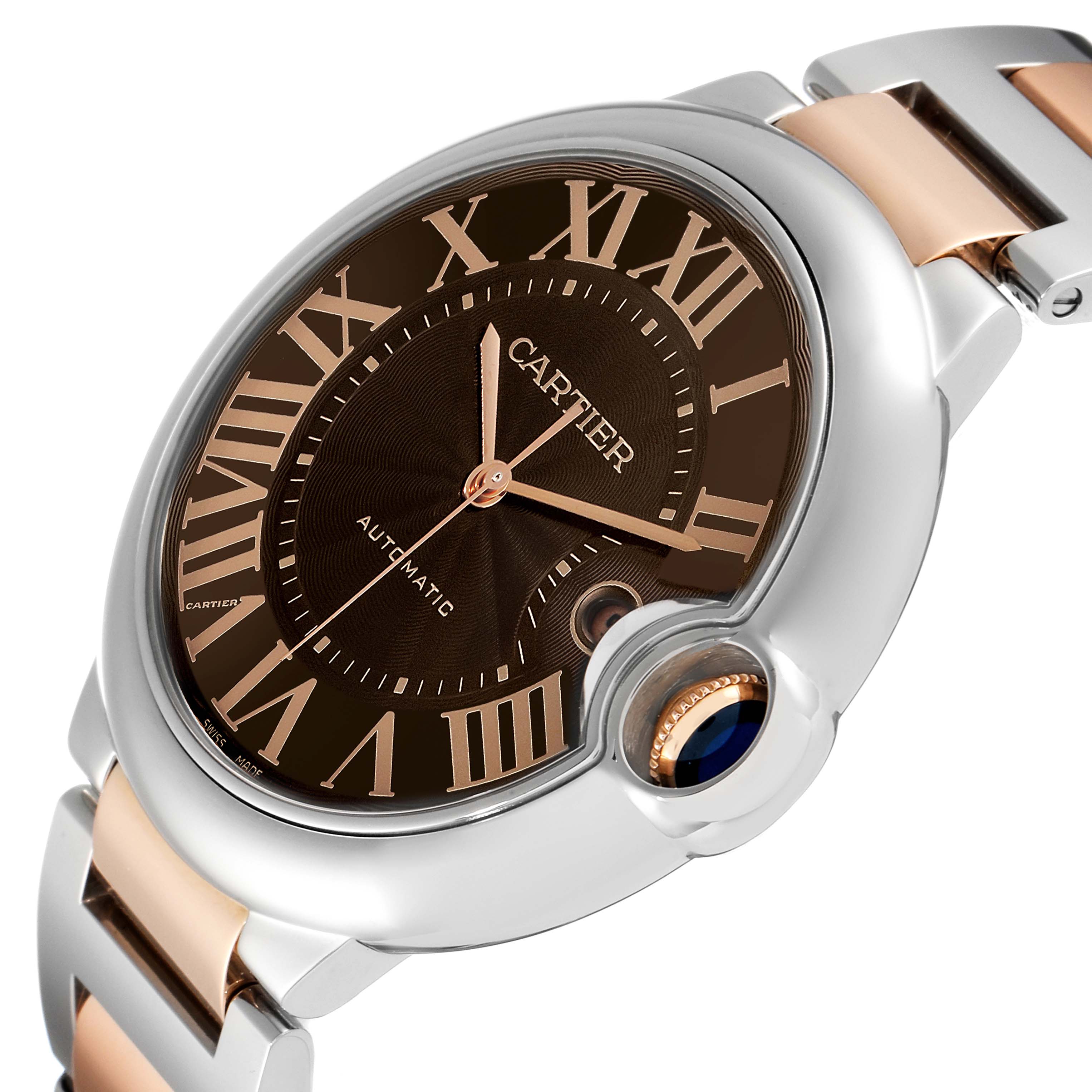 The image shows a close-up angle of the Cartier Ballon Bleu W6920032 Men's Steel and Gold (two tone) Brown Dial W6920032 Men's Steel and Gold (two tone) Brown Dial watch, highlighting the dial, crown, and part of the bracelet.