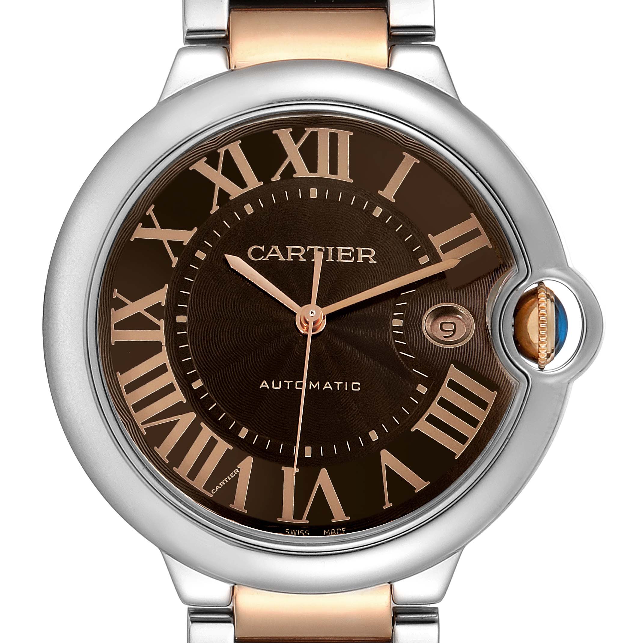 The image shows a frontal close-up of the Cartier Ballon Bleu W6920032 Men's Steel and Gold (two tone) Brown Dial W6920032 Men's Steel and Gold (two tone) Brown Dial watch, featuring the dial, hands, date window, and part of the bracelet.
