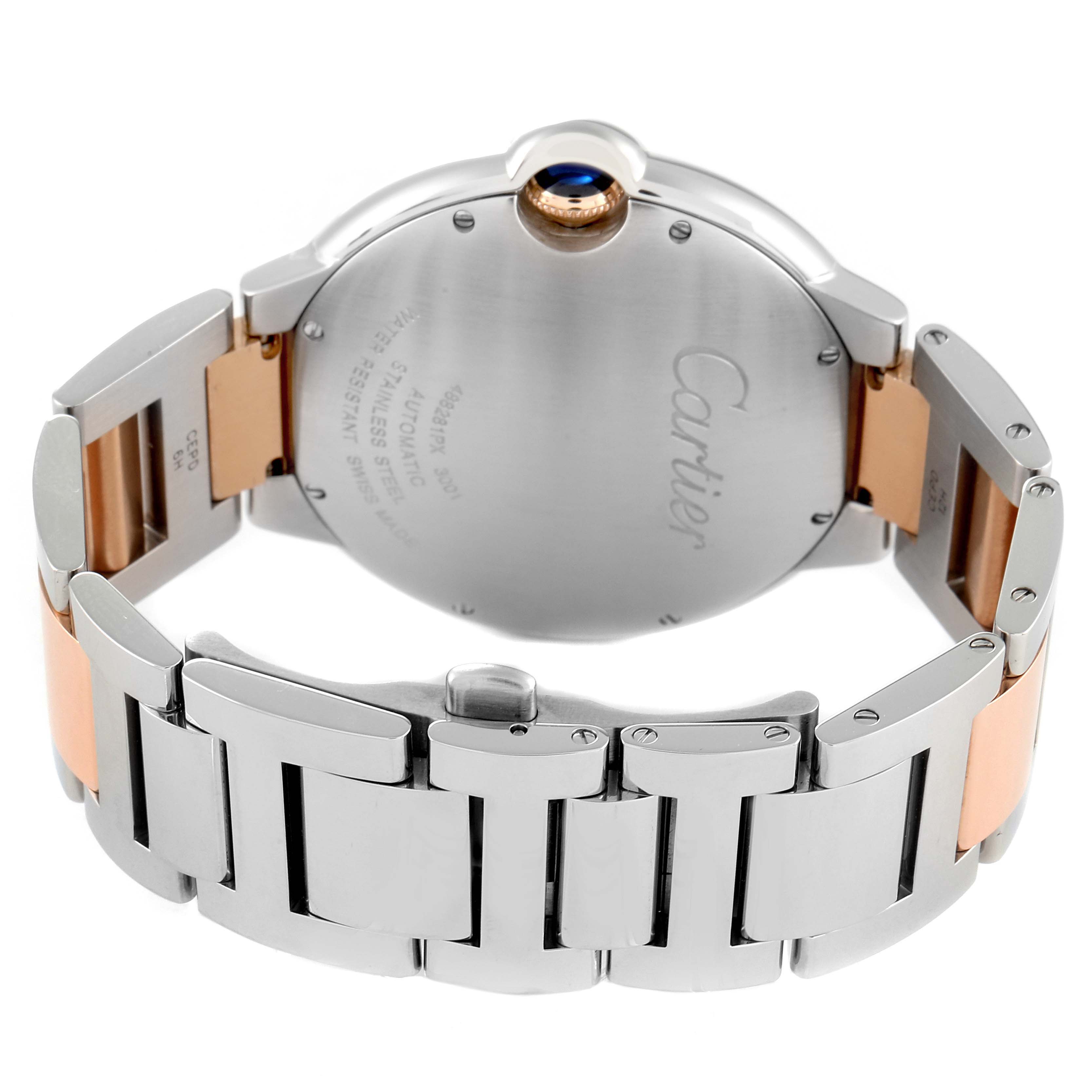 The image shows the back case and bracelet of the Cartier Ballon Bleu W6920032 Men's Steel and Gold (two tone) Brown Dial W6920032 Men's Steel and Gold (two tone) Brown Dial watch, highlighting its two-tone metal finish.
