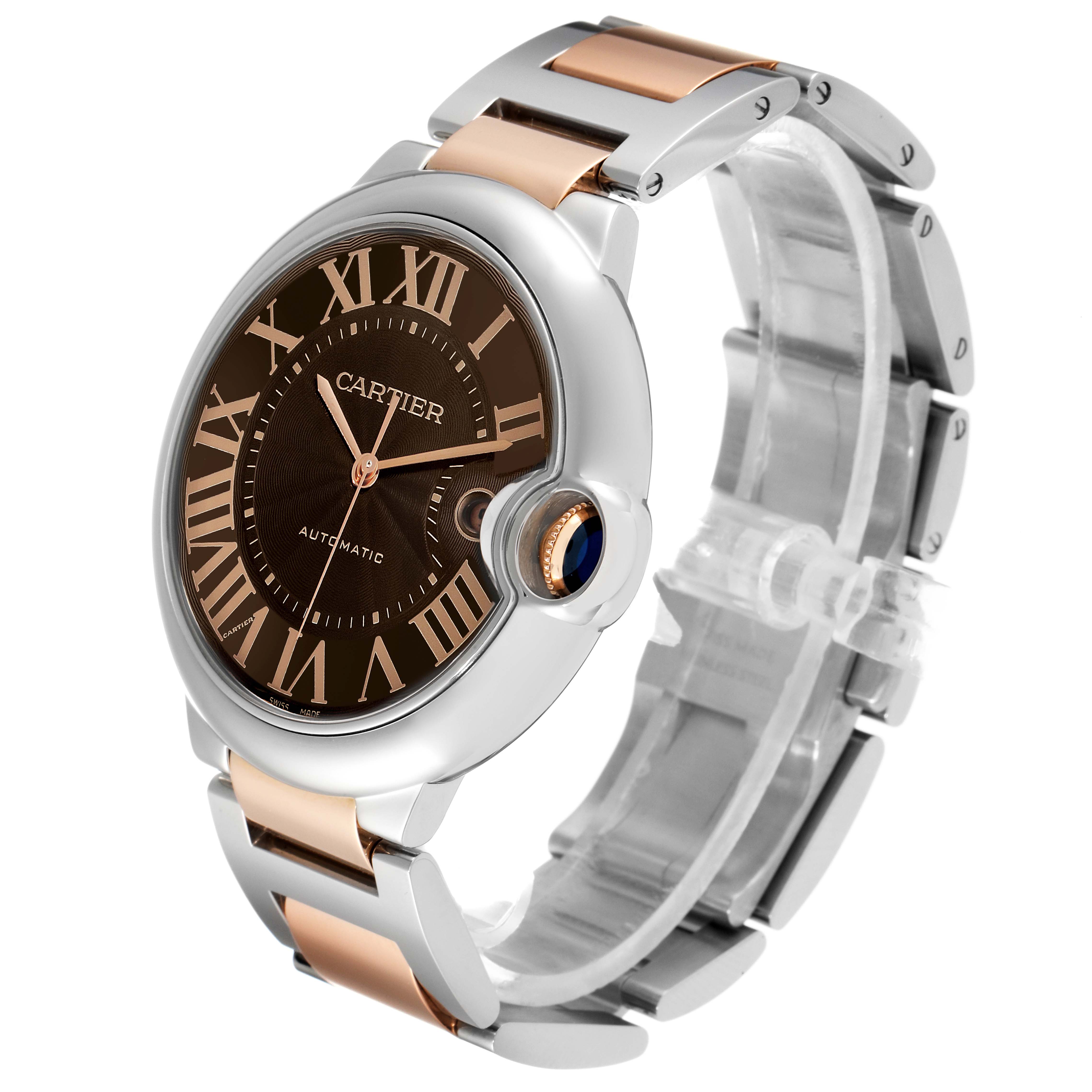 The image shows a Ballon Bleu de Cartier watch at an angle displaying its dial, crown, and bracelet.