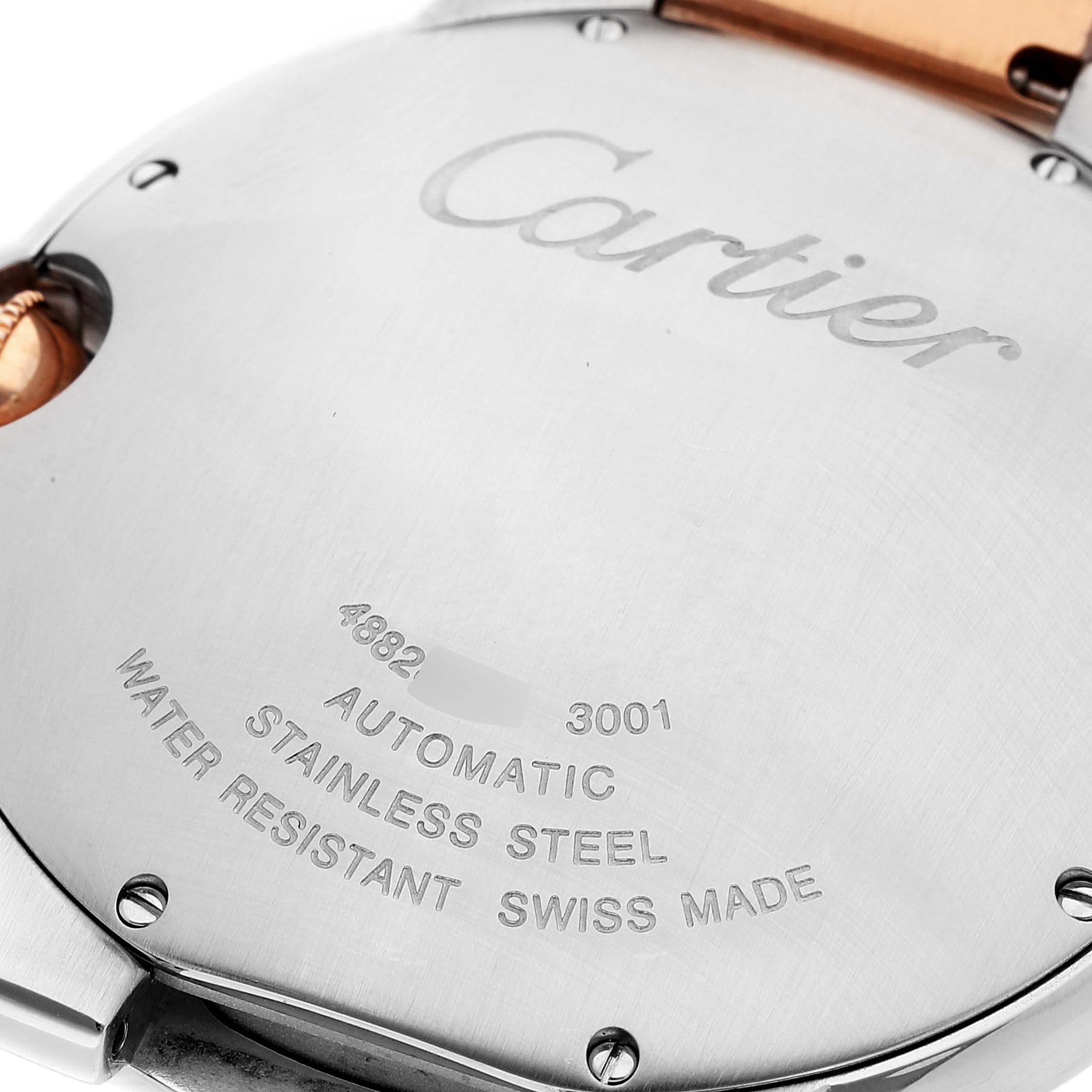 This image shows the stainless steel case back of a Cartier Ballon Bleu W6920032 Men's Steel and Gold (two tone) Brown Dial W6920032 Men's Steel and Gold (two tone) Brown Dial watch, displaying engravings for model details and specifications.