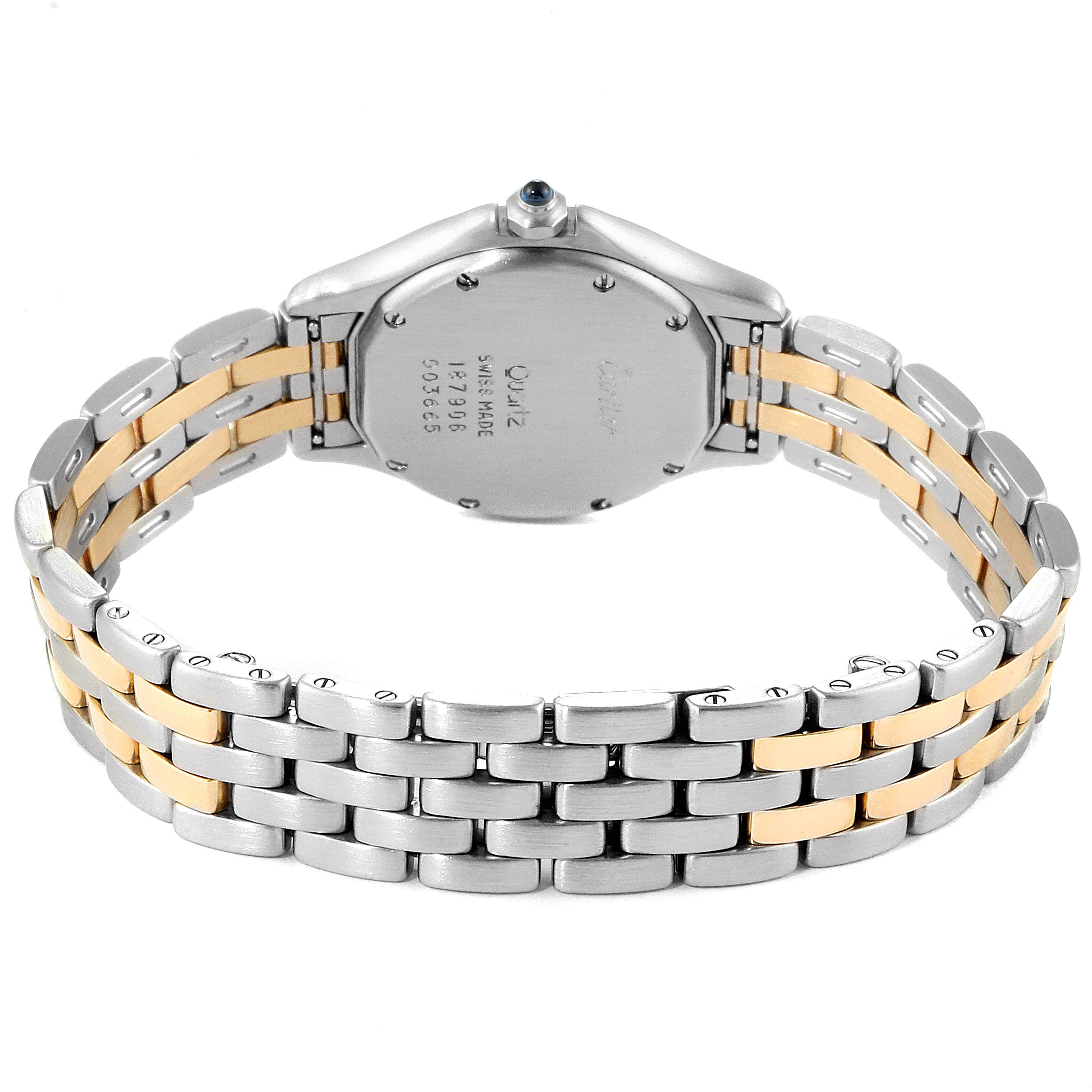 This image shows the back view of the Cartier Panthere W35005B6 Women
s Steel and Gold (two tone) Silver Dial W35005B6 Women
s Steel and Gold (two tone) Silver Dial watch, including its two-tone bracelet and case back.