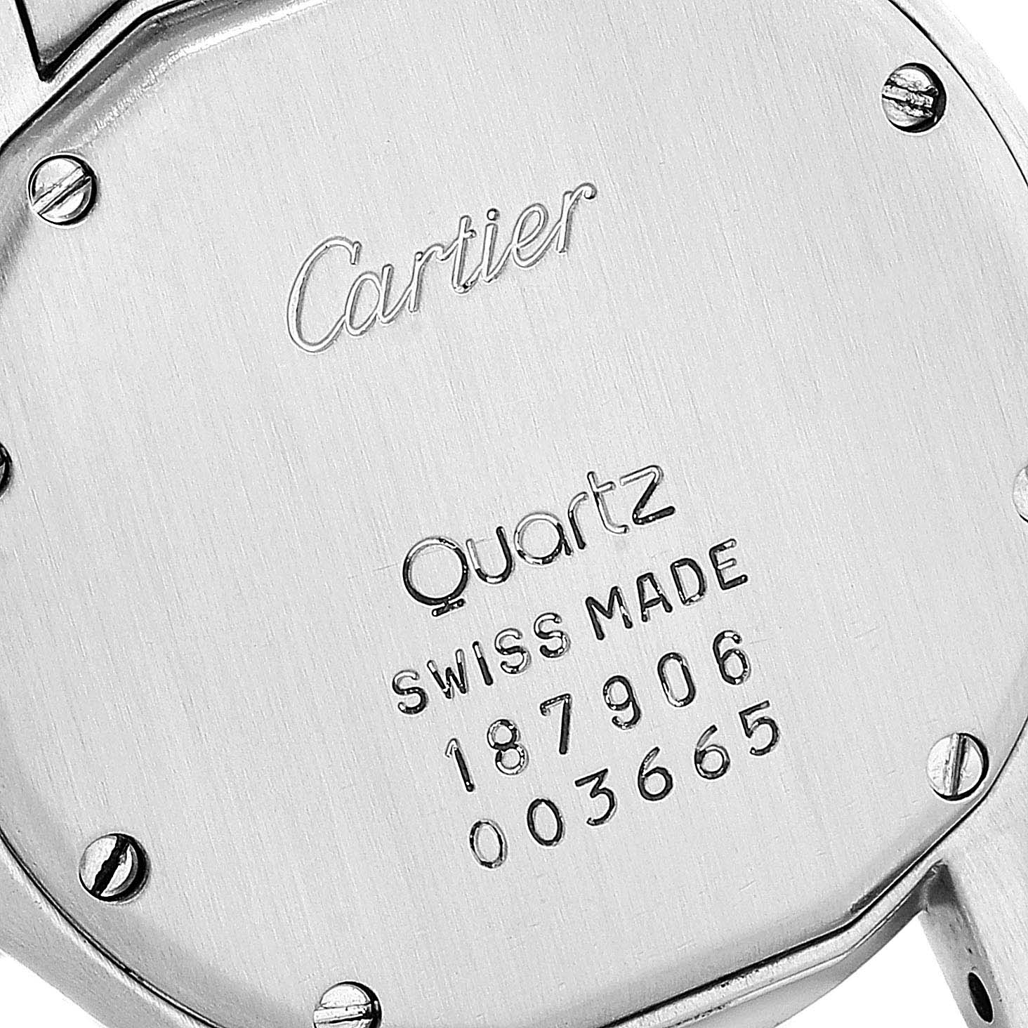 The image shows the back case of a Panthere model by Cartier, highlighting the brand name, movement type, and serial numbers.