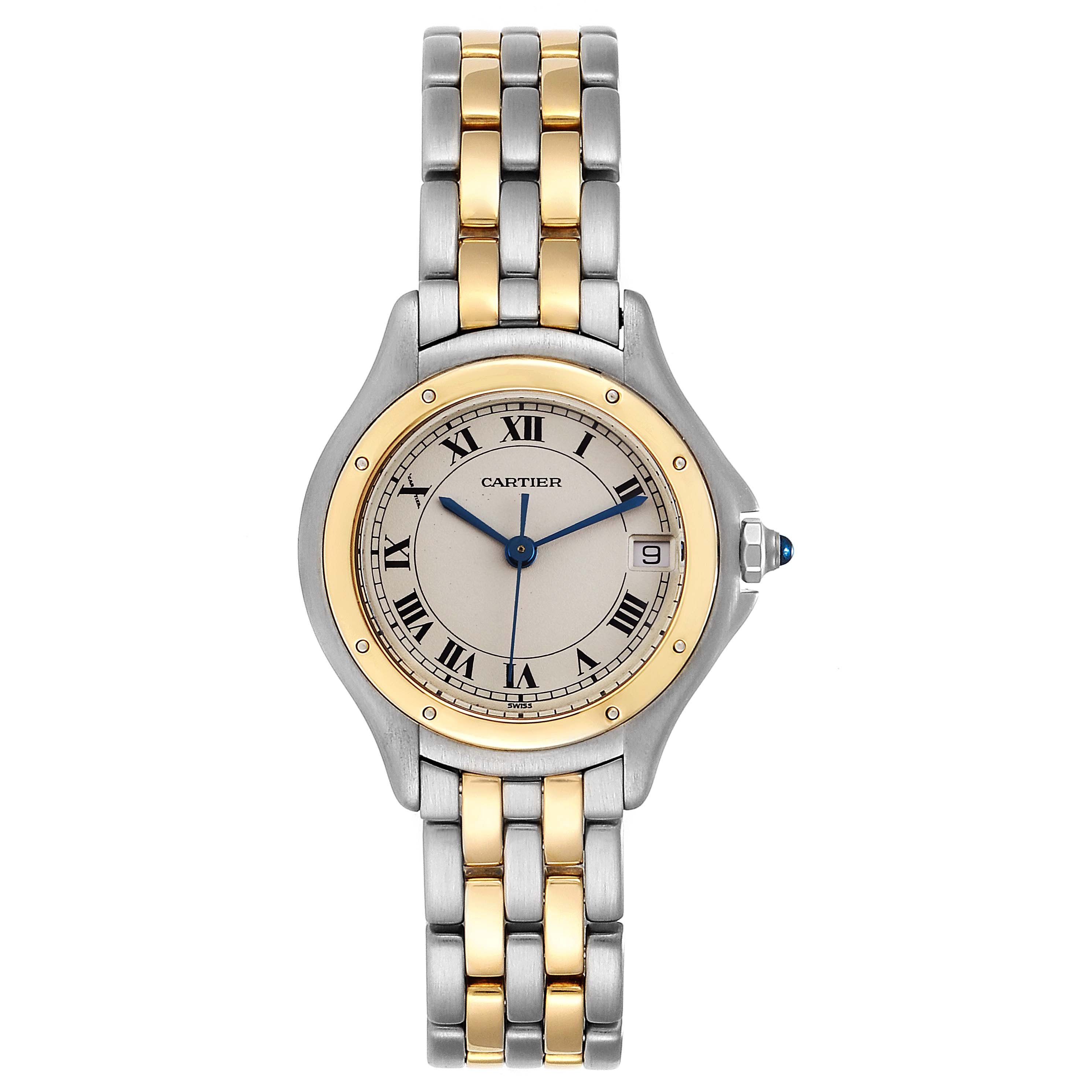 The image shows a front view of a Cartier Panthere W35005B6 Women
s Steel and Gold (two tone) Silver Dial W35005B6 Women
s Steel and Gold (two tone) Silver Dial watch, displaying the face, band, and bezel.