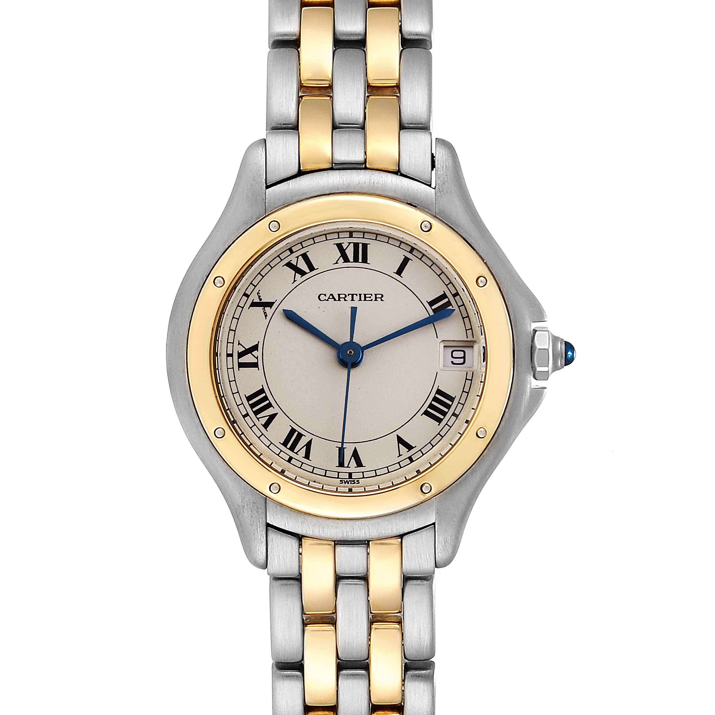This image shows the face, bezel, and part of the two-tone bracelet of the Cartier Panthere W35005B6 Women
s Steel and Gold (two tone) Silver Dial W35005B6 Women
s Steel and Gold (two tone) Silver Dial watch.