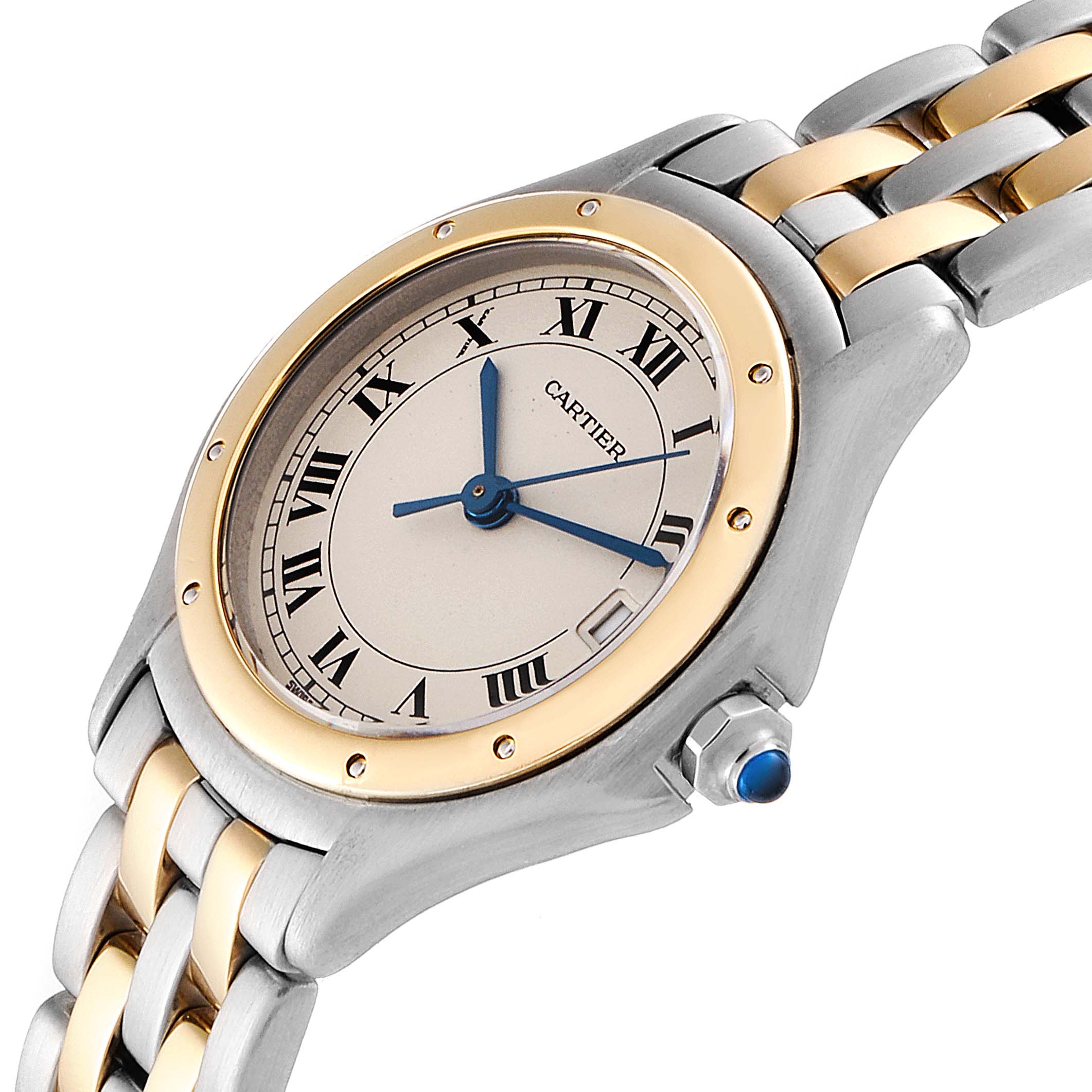 The image shows a close-up angle of the Panthere model by Cartier, highlighting the face, bezel, crown, and part of the bracelet.