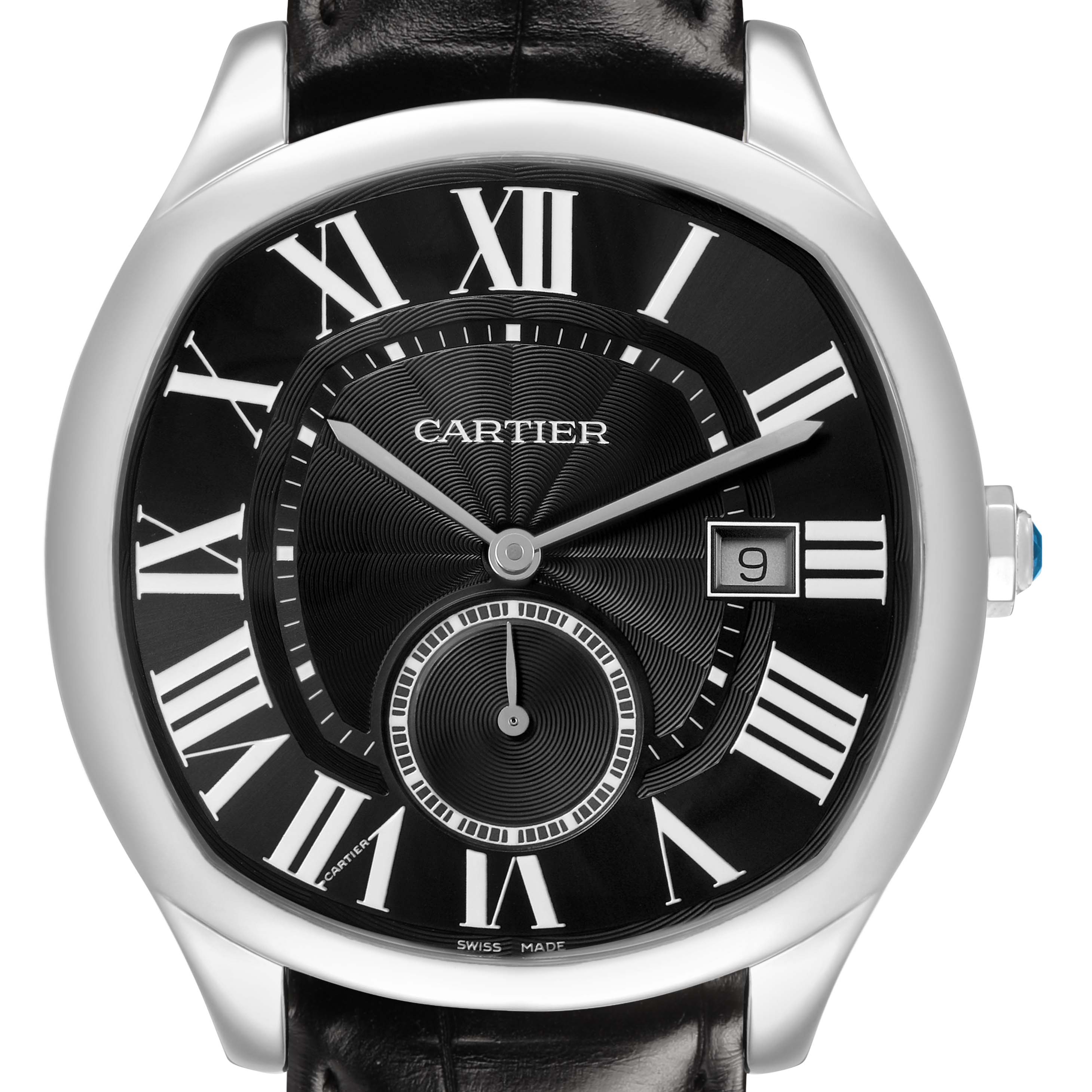 The Drive de Cartier watch is shown from a front angle, highlighting its black dial with Roman numerals, subdial, and date window.