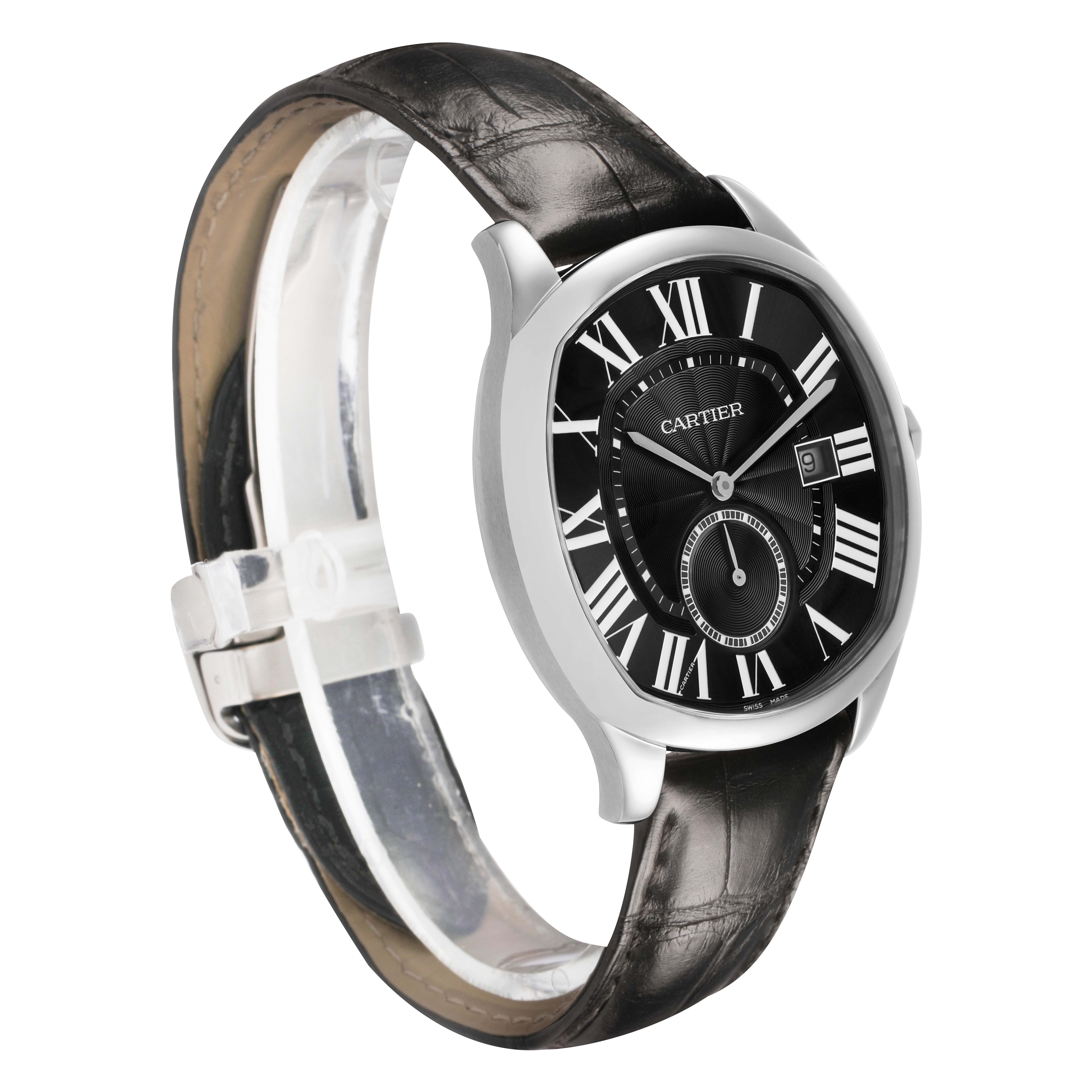 The Drive de Cartier watch is shown at an angled side view, highlighting the case, dial, strap, and crown.