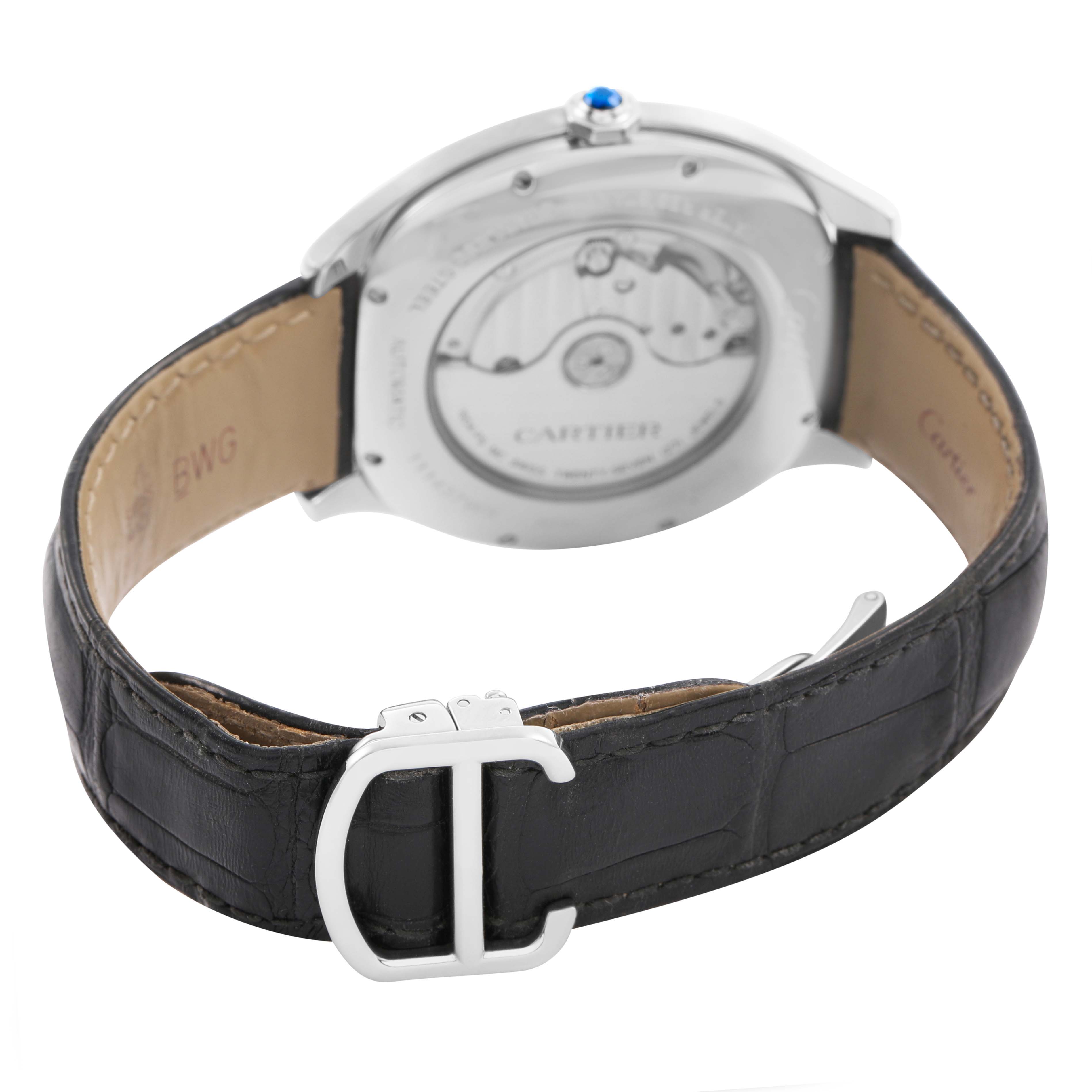 The image shows the back of the Drive de Cartier watch, highlighting the open case back and leather strap with buckle.