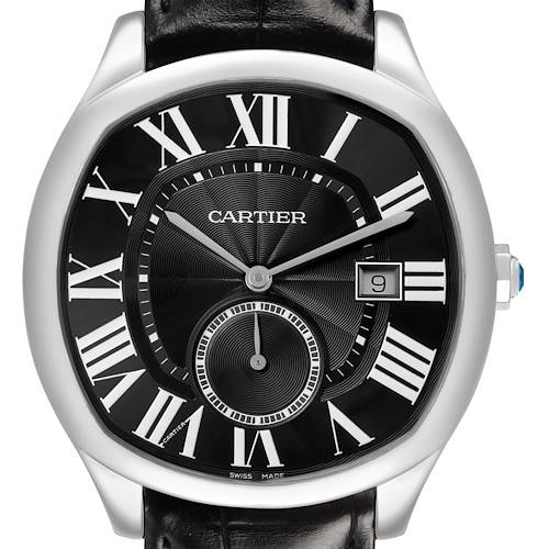 This image shows a Drive de Cartier watch by Cartier from a front angle, featuring its black dial, Roman numerals, and date window.