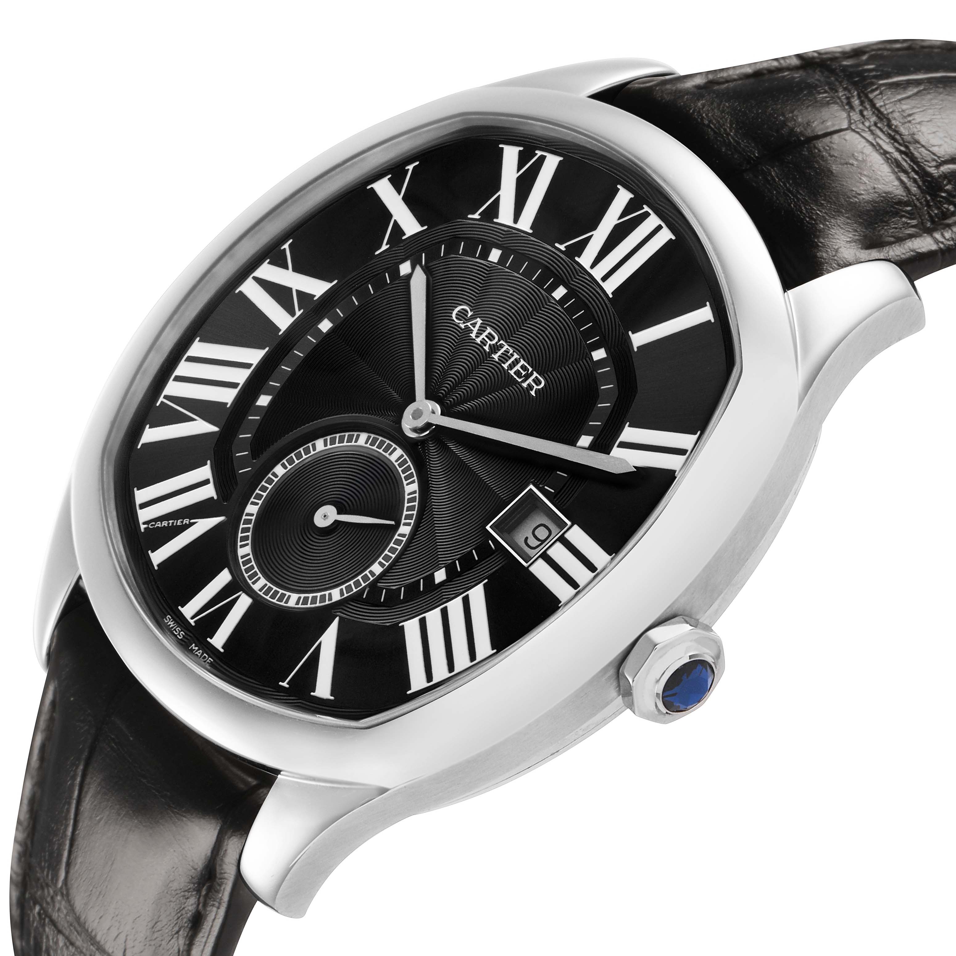 The Drive de Cartier watch is shown at an angled view, displaying its black dial, Roman numerals, and date window, with a leather strap and crown.