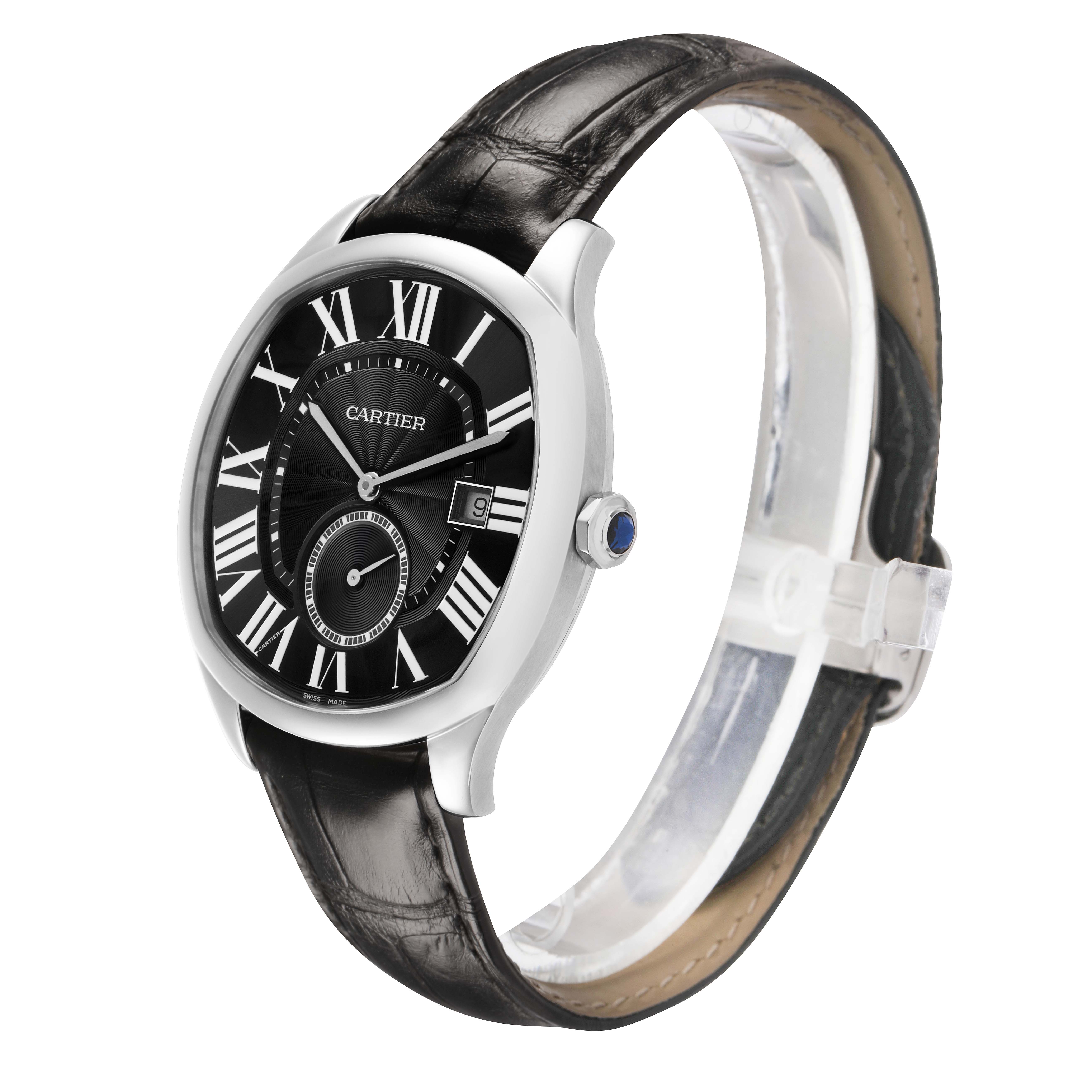 The Drive de Cartier watch is shown at a three-quarter angle, highlighting the dial, case, crown, and leather strap.