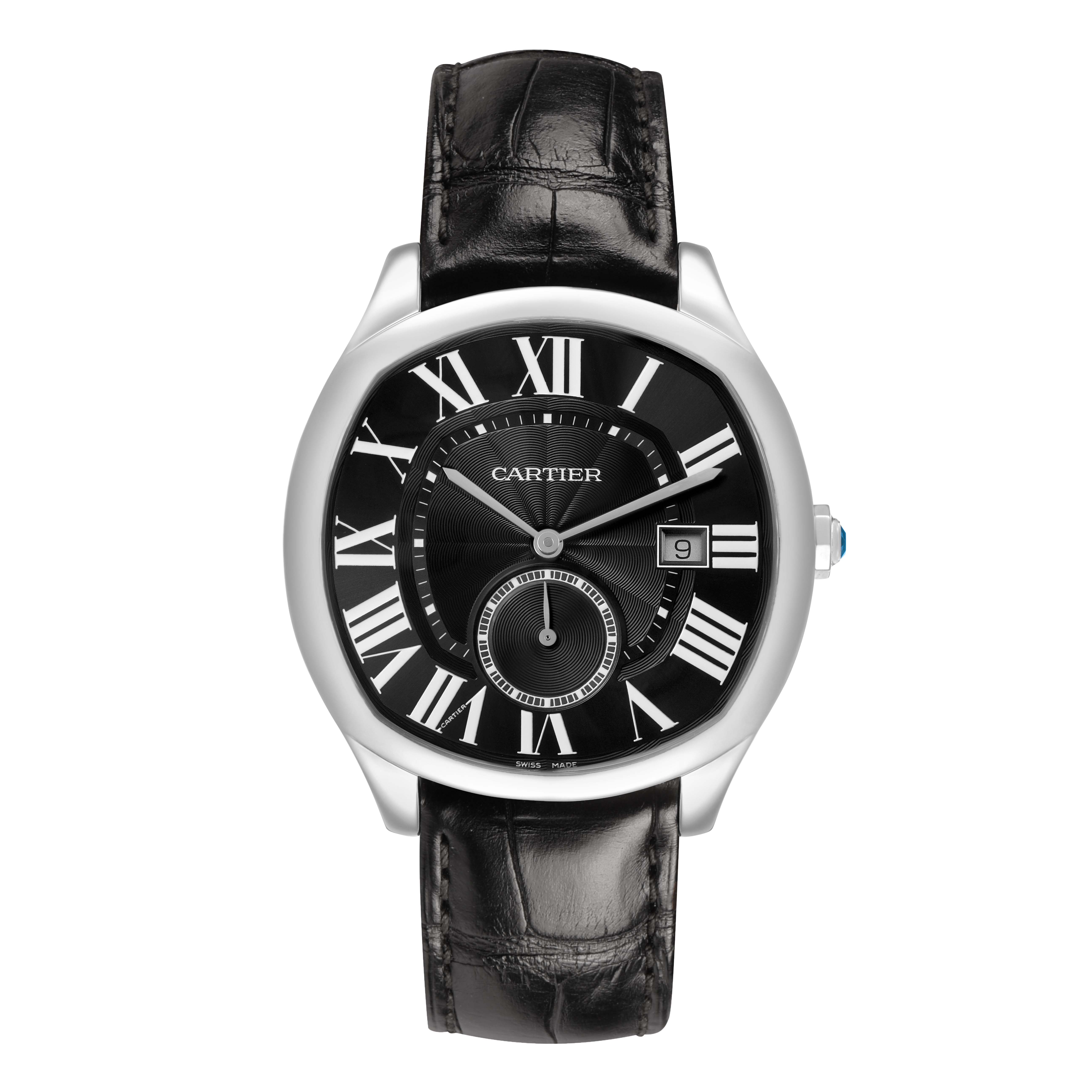 The Drive de Cartier watch is shown from a front angle, highlighting the black leather strap, Roman numeral dial, and date window.