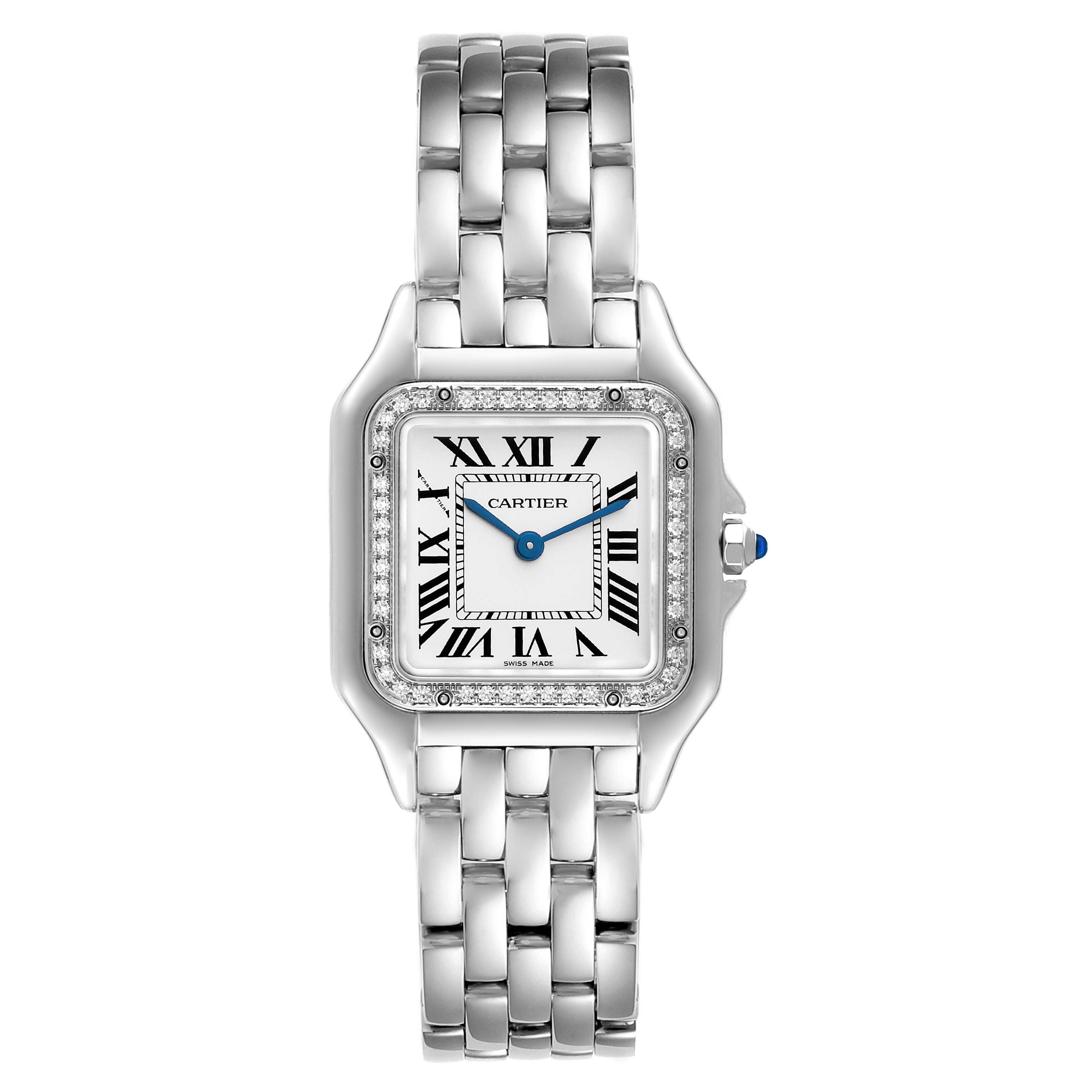 The image shows a Cartier Panthere W4PN0008 Women
s Stainless Steel Silver Dial W4PN0008 Women
s Stainless Steel Silver Dial model watch from a frontal angle, displaying its face, bezel, and bracelet.