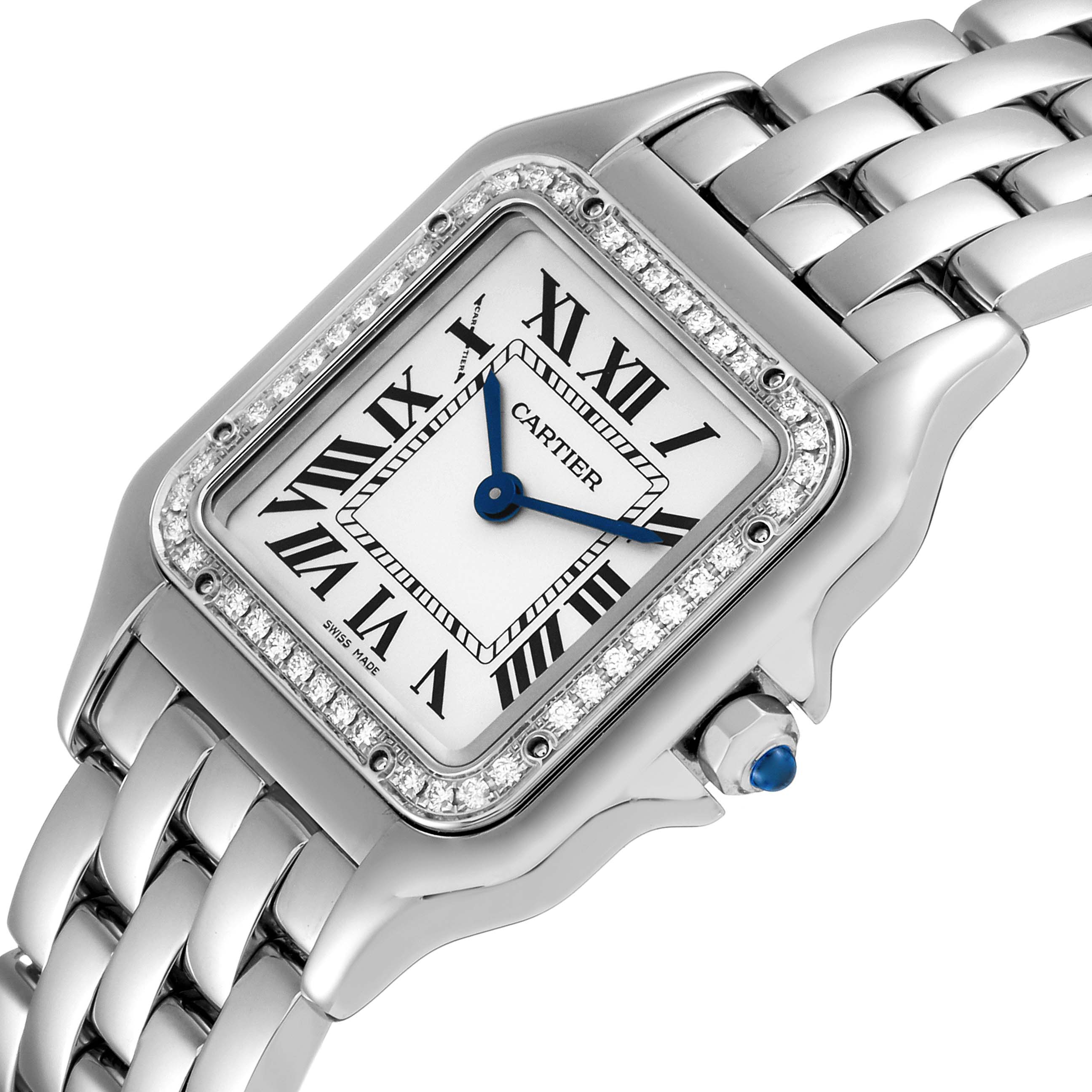 The image shows a close-up angle of the Cartier Panthere W4PN0008 Women
s Stainless Steel Silver Dial W4PN0008 Women
s Stainless Steel Silver Dial watch, highlighting its diamond bezel, Roman numerals, and metal bracelet.