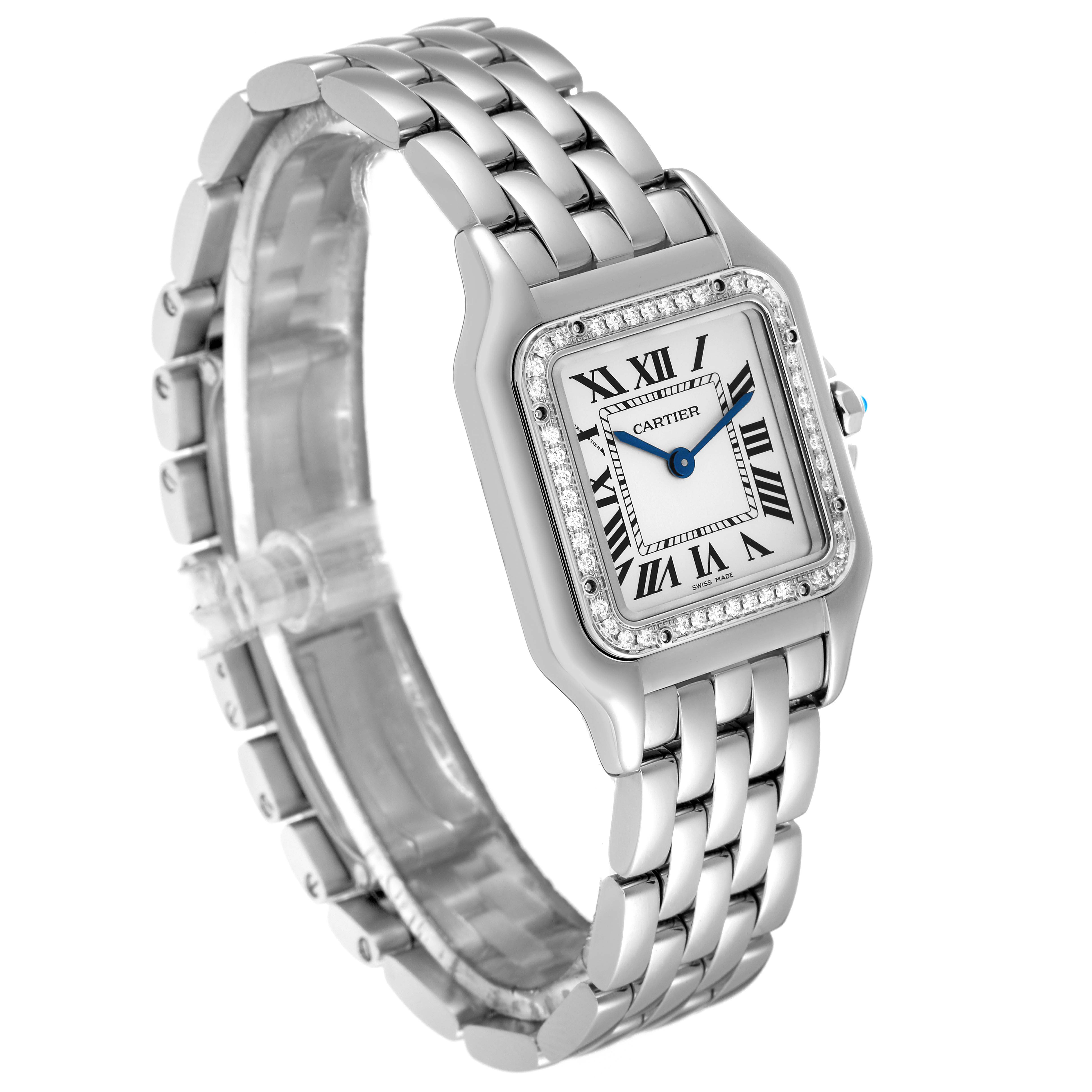 The image shows a Cartier Panthere W4PN0008 Women
s Stainless Steel Silver Dial W4PN0008 Women
s Stainless Steel Silver Dial watch at a three-quarter angle, highlighting its silver bracelet, rectangular face, and Roman numerals.