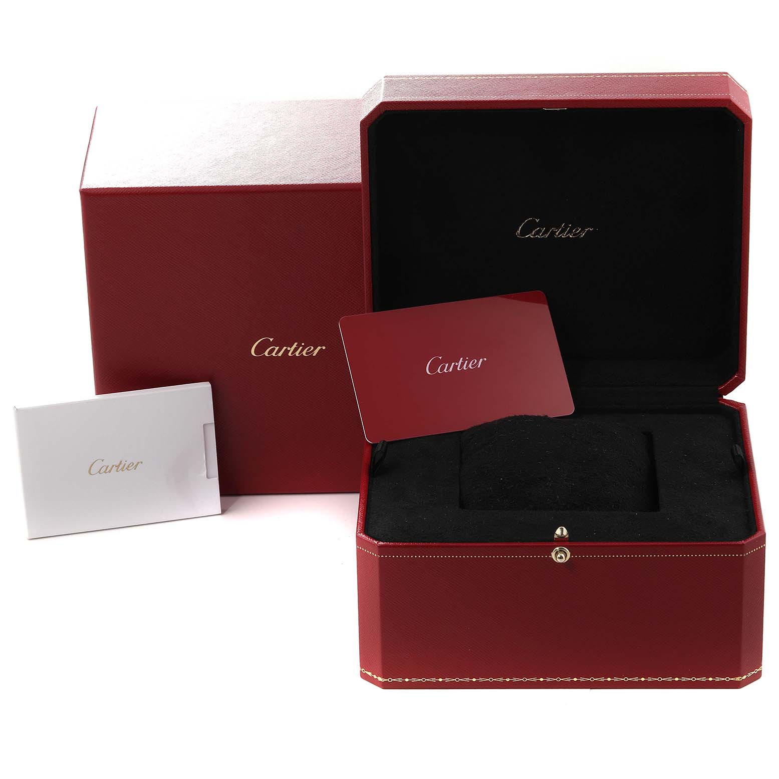 This image shows the packaging and accessories for a Cartier Panthere W4PN0008 Women
s Stainless Steel Silver Dial W4PN0008 Women
s Stainless Steel Silver Dial watch, including the box, guarantee card, and booklet.
