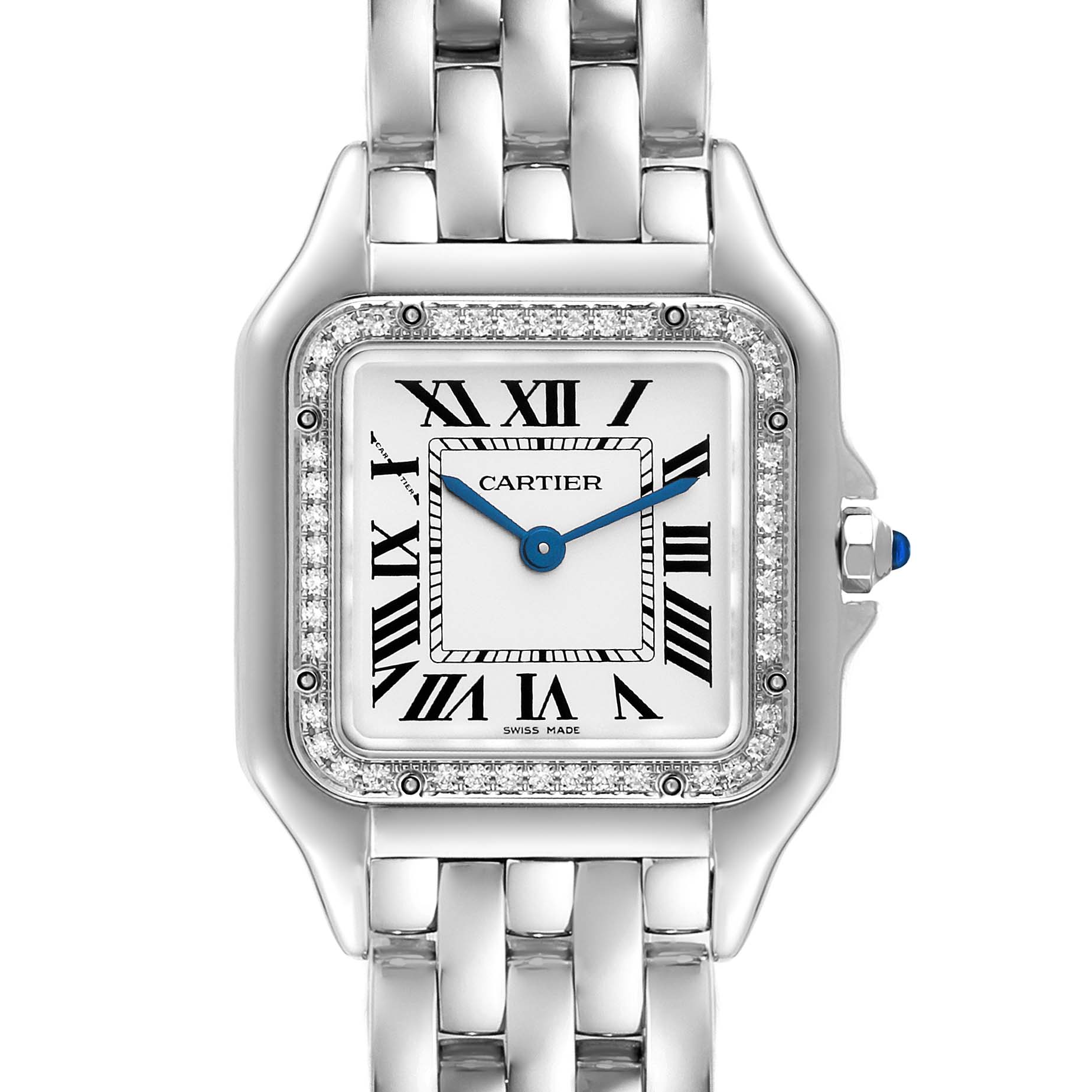 The image shows a frontal view of a Cartier Panthere W4PN0008 Women
s Stainless Steel Silver Dial W4PN0008 Women
s Stainless Steel Silver Dial watch, highlighting its face, Roman numerals, bezel with diamonds, and bracelet.
