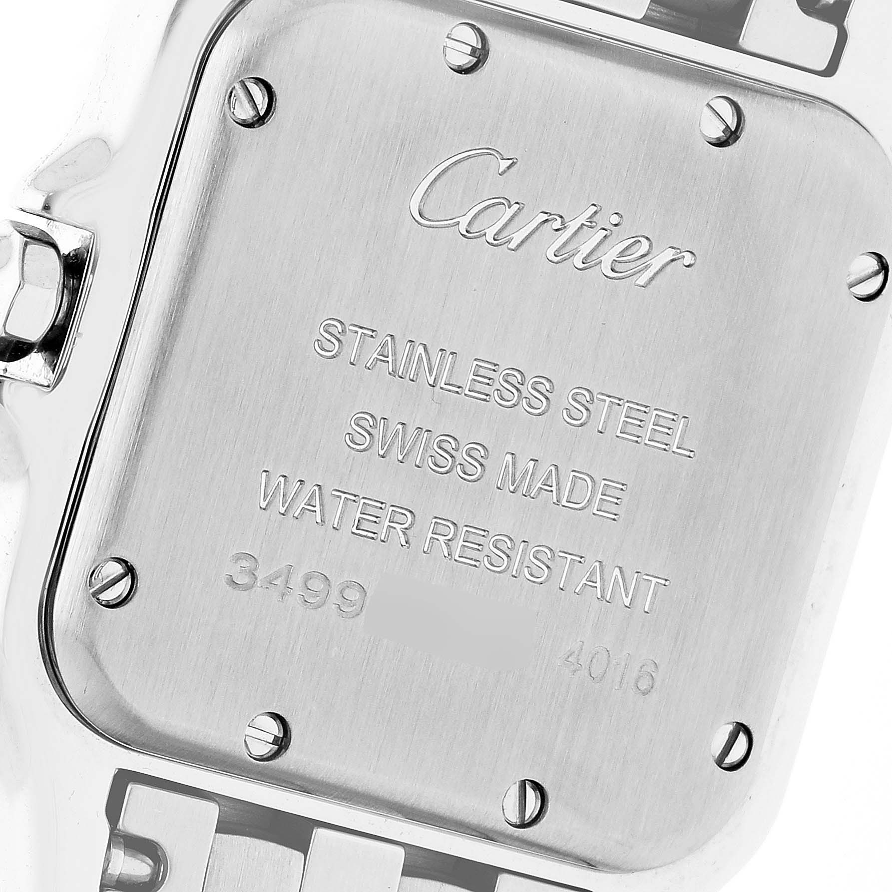 The image shows the back case of a Cartier Panthere W4PN0008 Women
s Stainless Steel Silver Dial W4PN0008 Women
s Stainless Steel Silver Dial watch from a close-up angle.