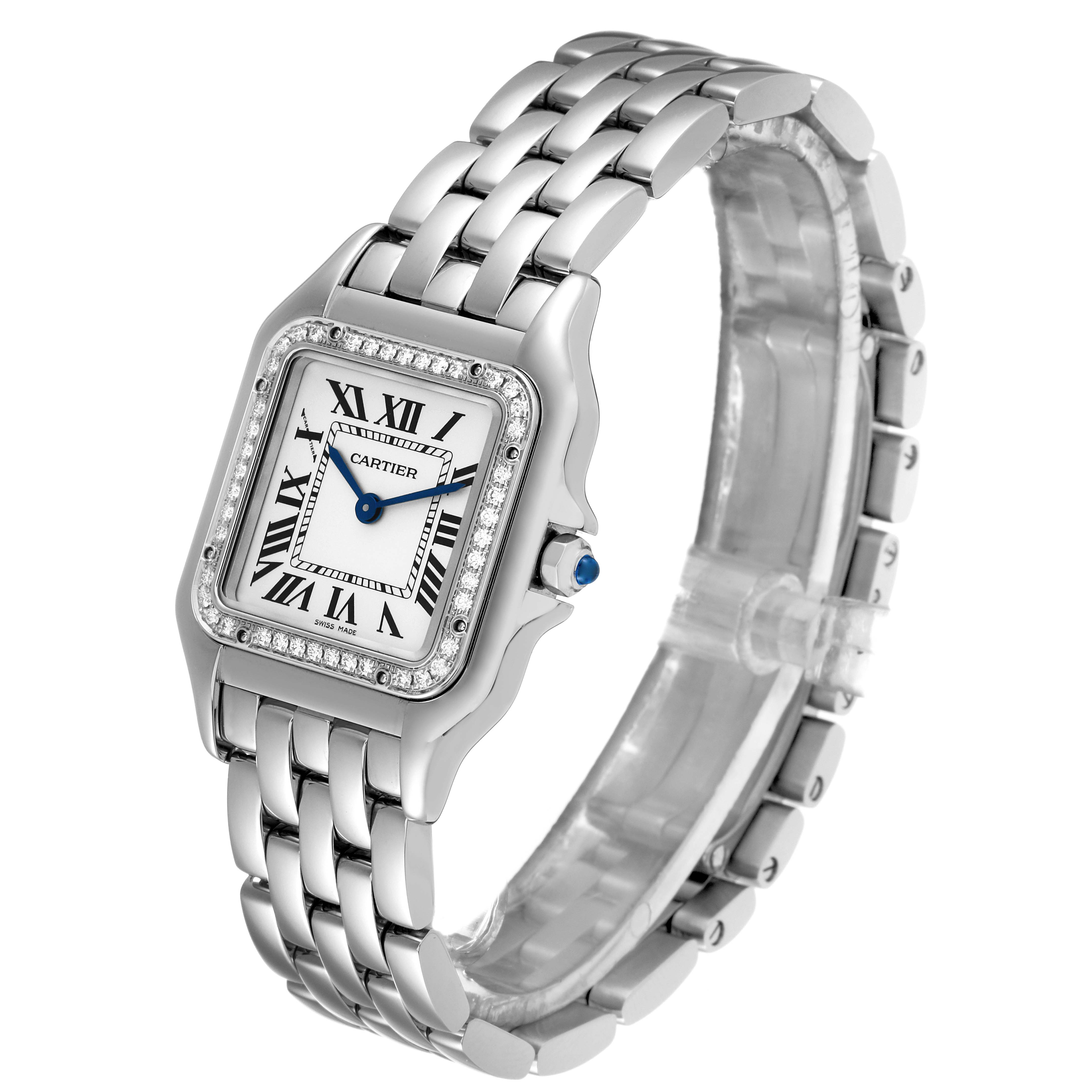 The image shows a Cartier Panthere W4PN0008 Women
s Stainless Steel Silver Dial W4PN0008 Women
s Stainless Steel Silver Dial model watch from an angled side view, highlighting its face, band, and crown.