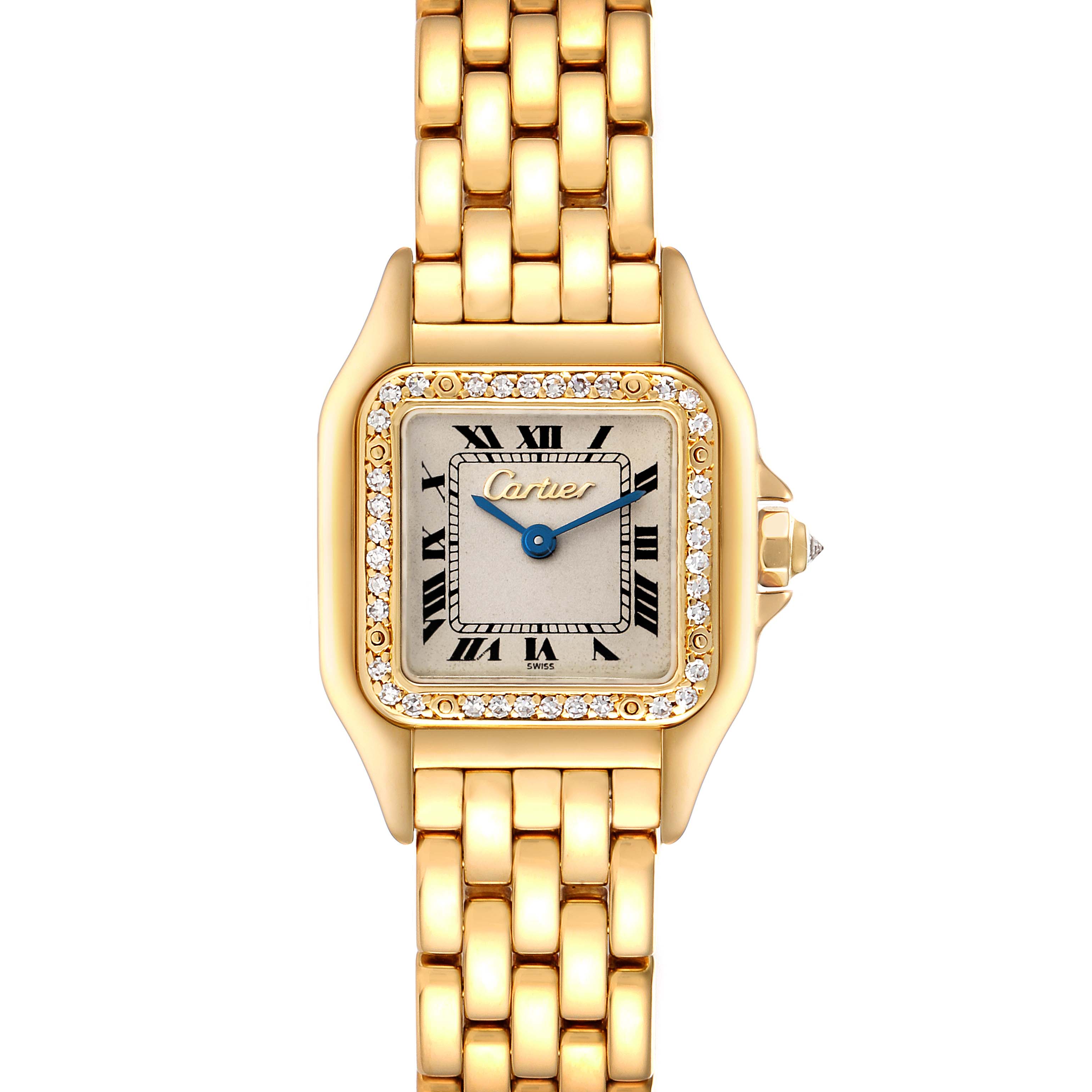 This image shows a front view of a Cartier Panthere Women's Yellow Gold Silver Dial Women's Yellow Gold Silver Dial watch, displaying the face with Roman numerals and a gold bracelet.
