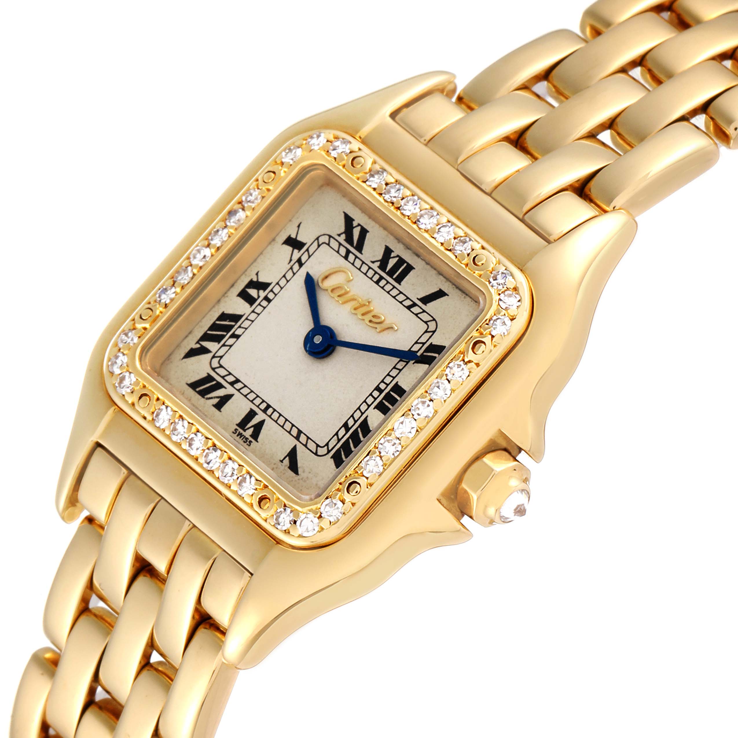 The image shows a close-up angled view of the Cartier Panthere Women's Yellow Gold Silver Dial Women's Yellow Gold Silver Dial watch, highlighting its face, bezel, and part of the bracelet.