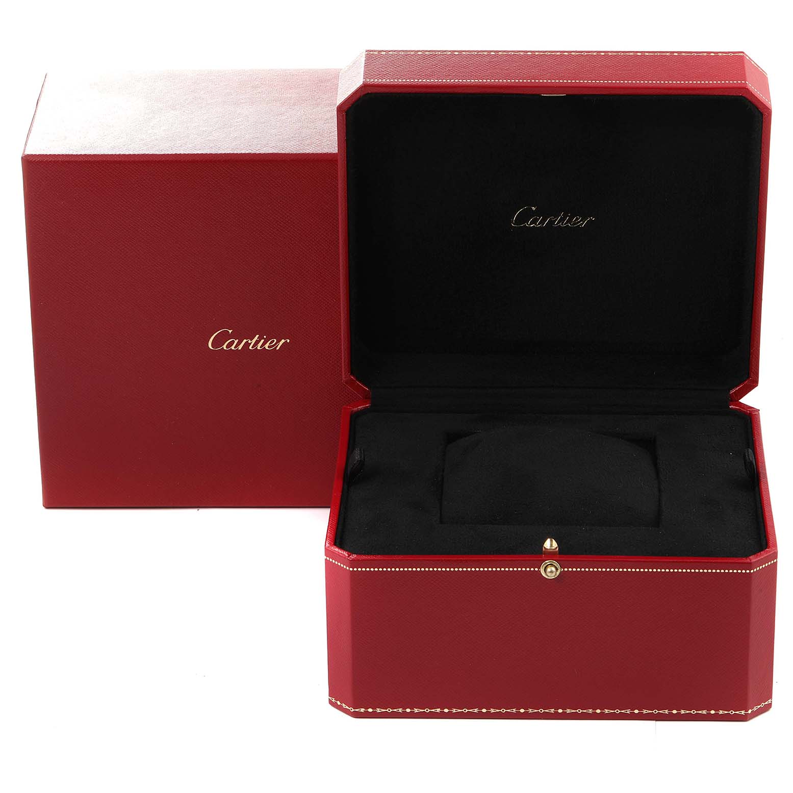 The image shows an open red box for the Cartier Panthere Women's Yellow Gold Silver Dial Women's Yellow Gold Silver Dial watch, revealing the black interior and pillow.