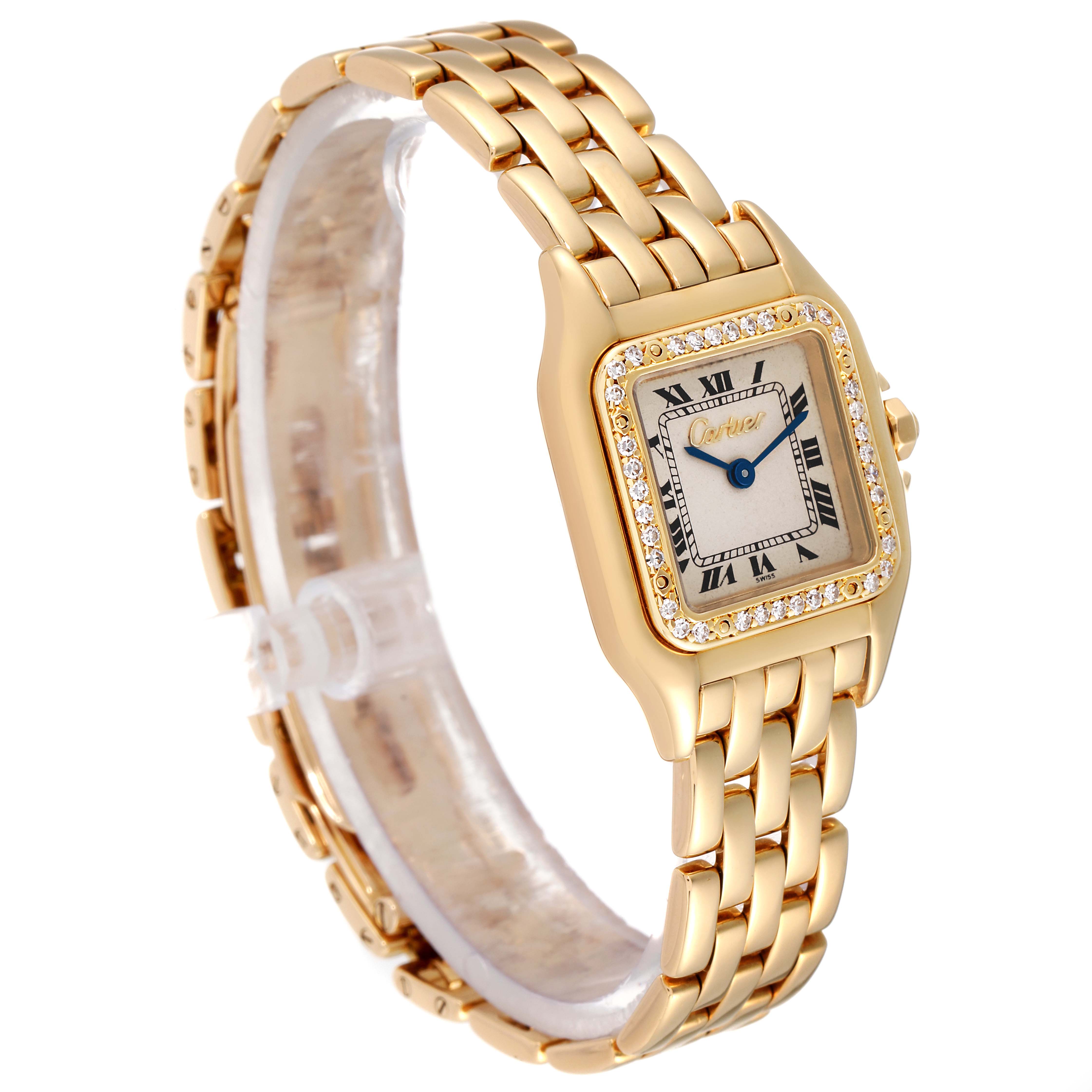 The image shows a Cartier Panthère watch at a three-quarter angle, highlighting its gold bracelet and diamond-studded bezel.