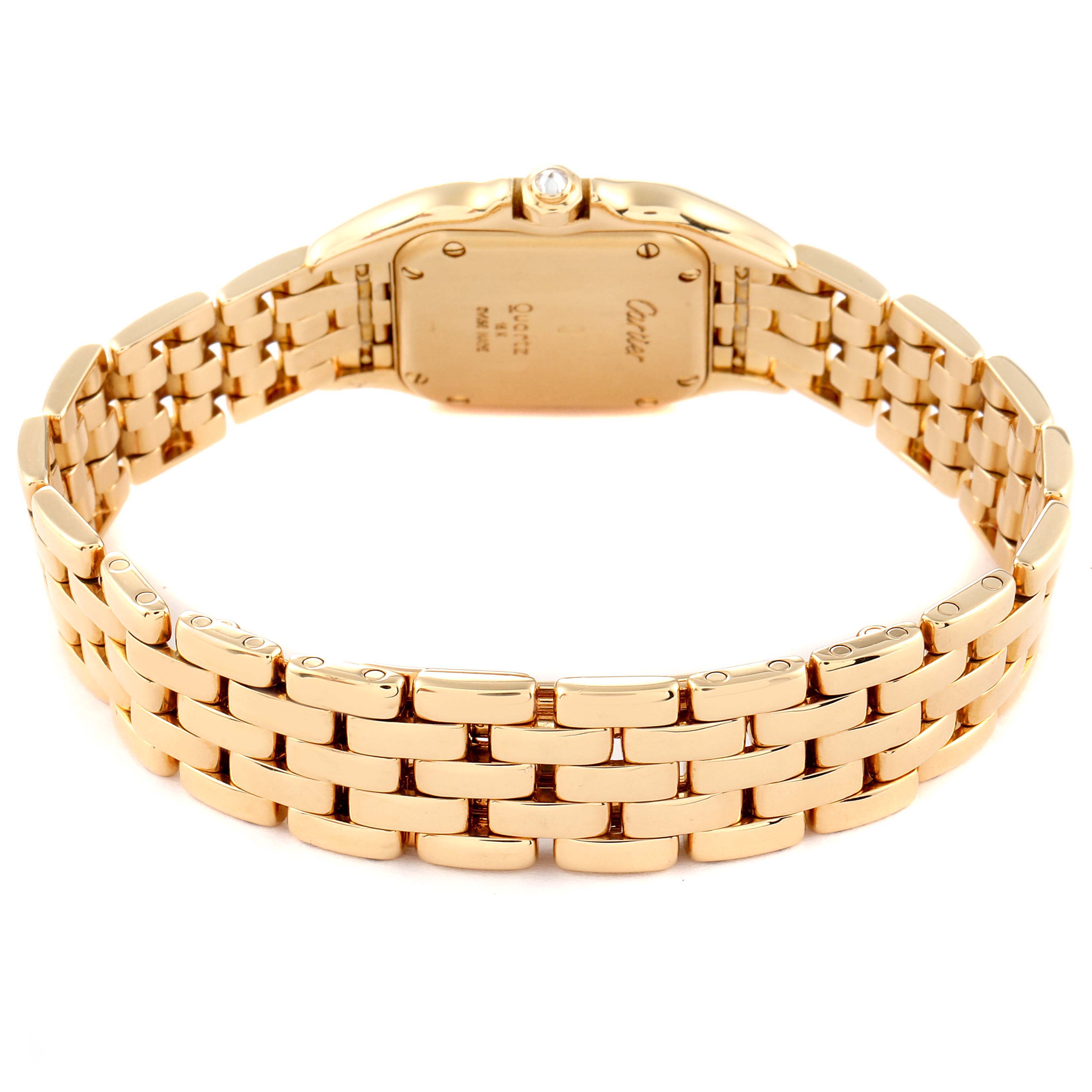 The image shows the back of a Cartier Panthere Women's Yellow Gold Silver Dial Women's Yellow Gold Silver Dial watch with its gold link bracelet visible.