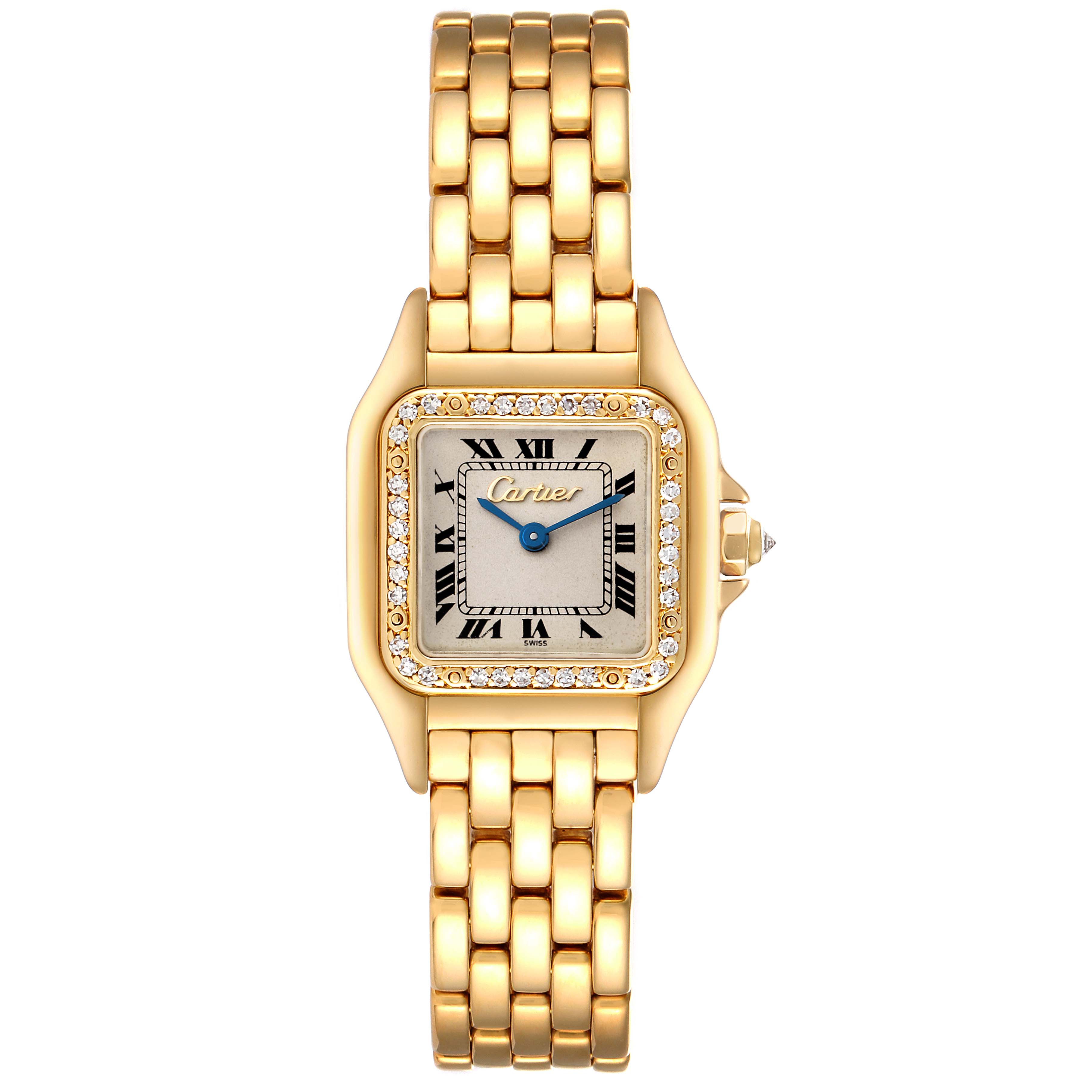The image shows a front view of the Cartier Panthere Women's Yellow Gold Silver Dial Women's Yellow Gold Silver Dial watch, highlighting its gold bracelet and diamond-encrusted bezel.