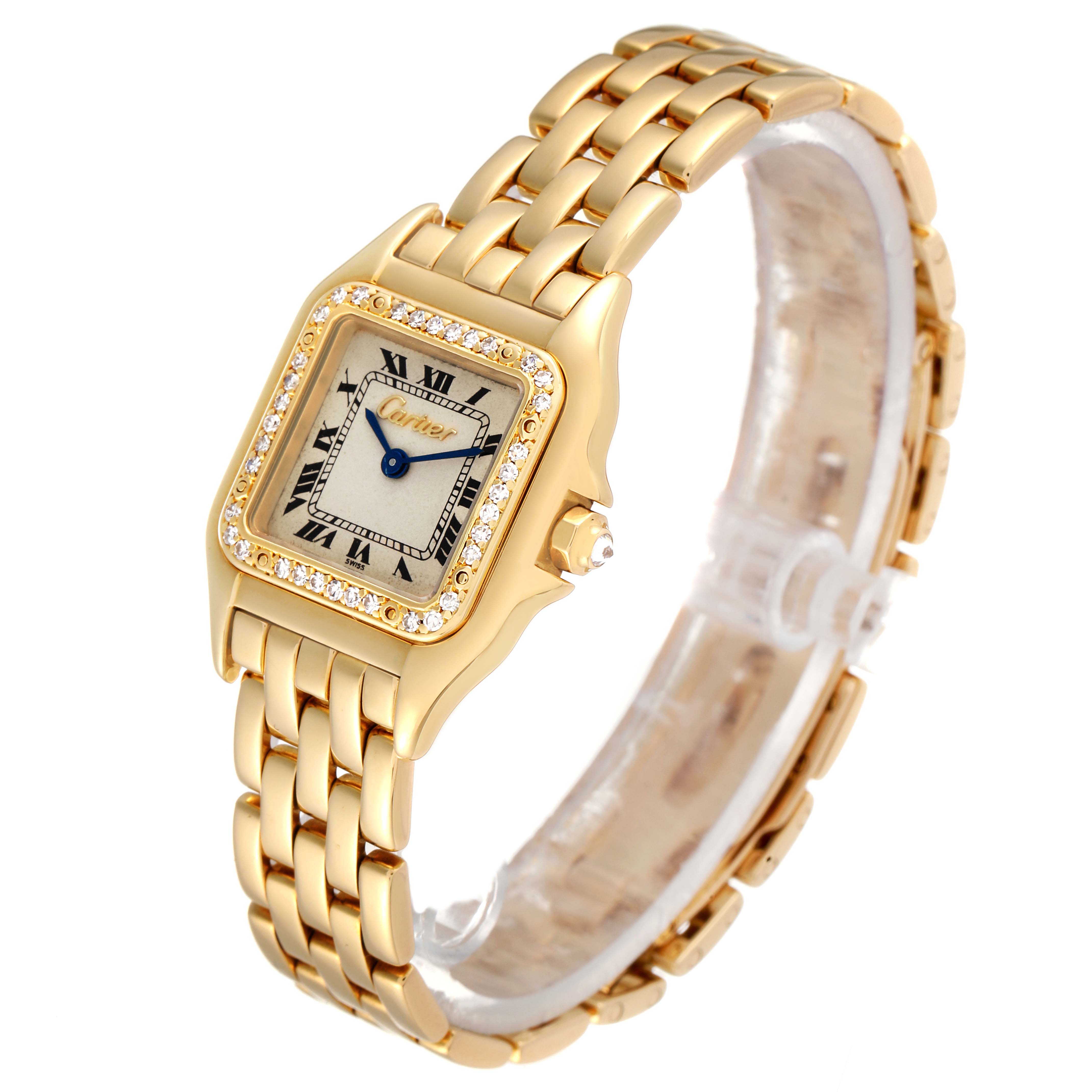 The image shows a Cartier Panthere Women's Yellow Gold Silver Dial Women's Yellow Gold Silver Dial model watch at a three-quarter angle showcasing its dial, bezel, and bracelet.
