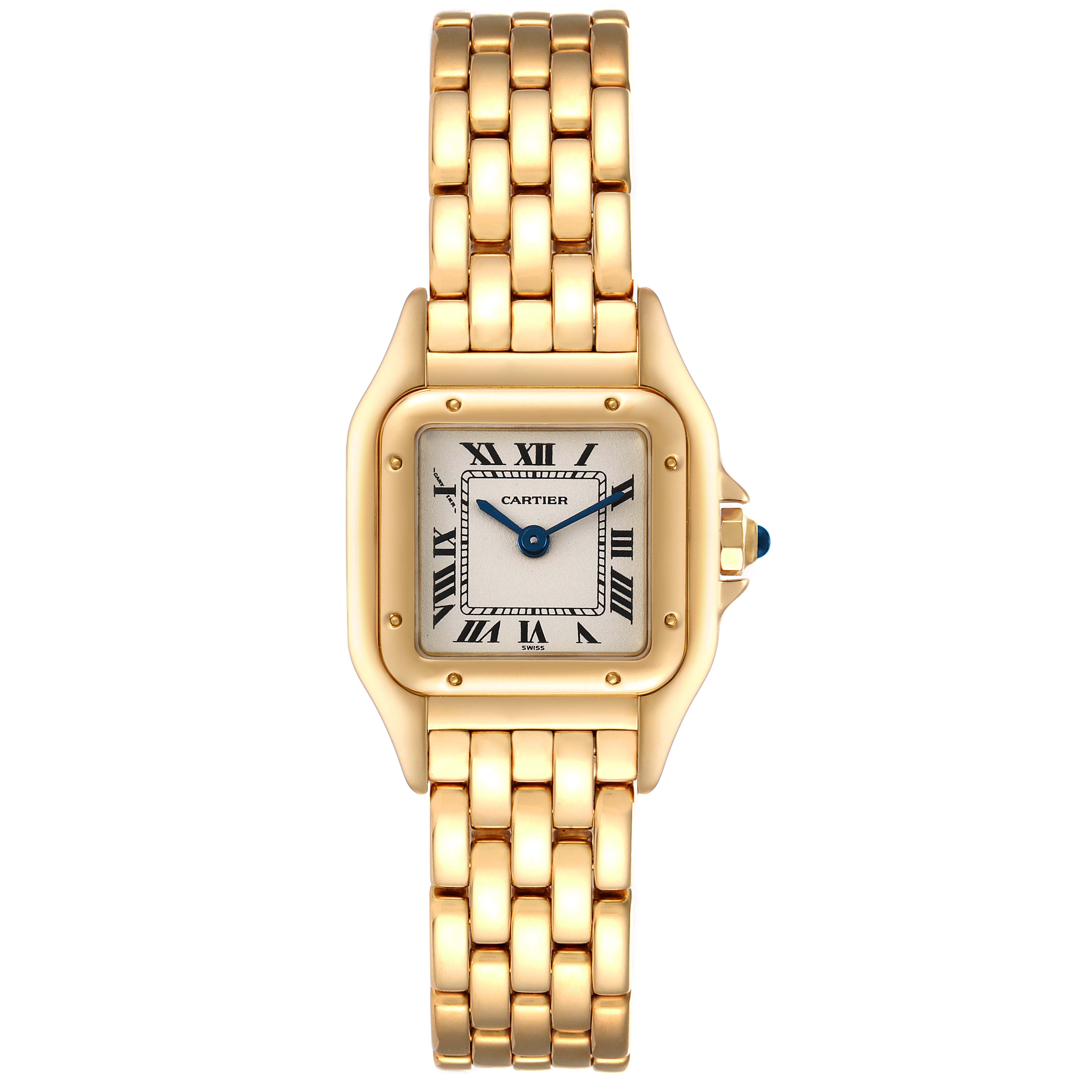 This image displays a front view of a Cartier Panthere W25022B9 Women's Yellow Gold Silver Dial W25022B9 Women's Yellow Gold Silver Dial watch, showcasing its gold bracelet and square face with Roman numerals.