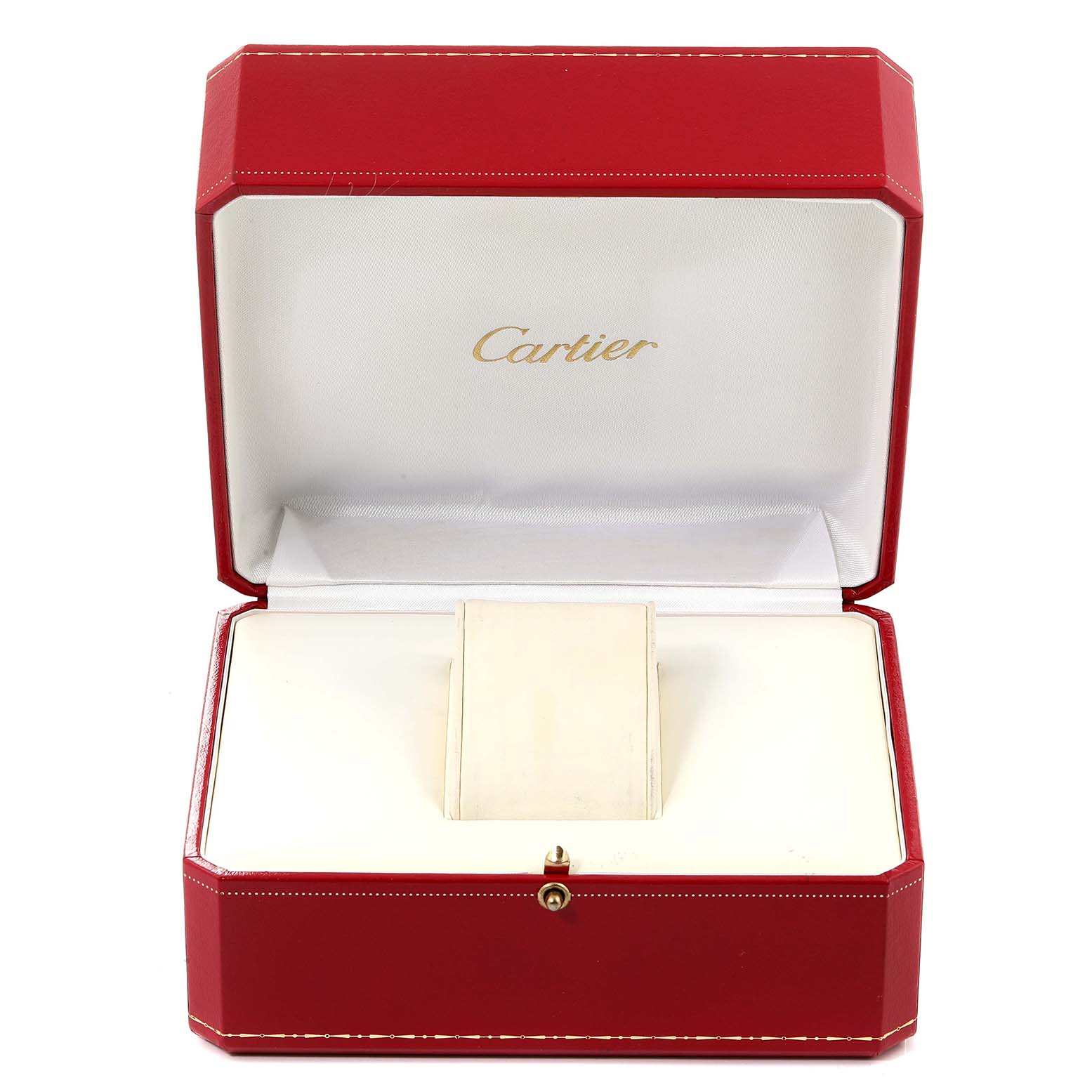 The image shows an open red Cartier box for a Panthere model watch, displaying the interior with a watch holder.