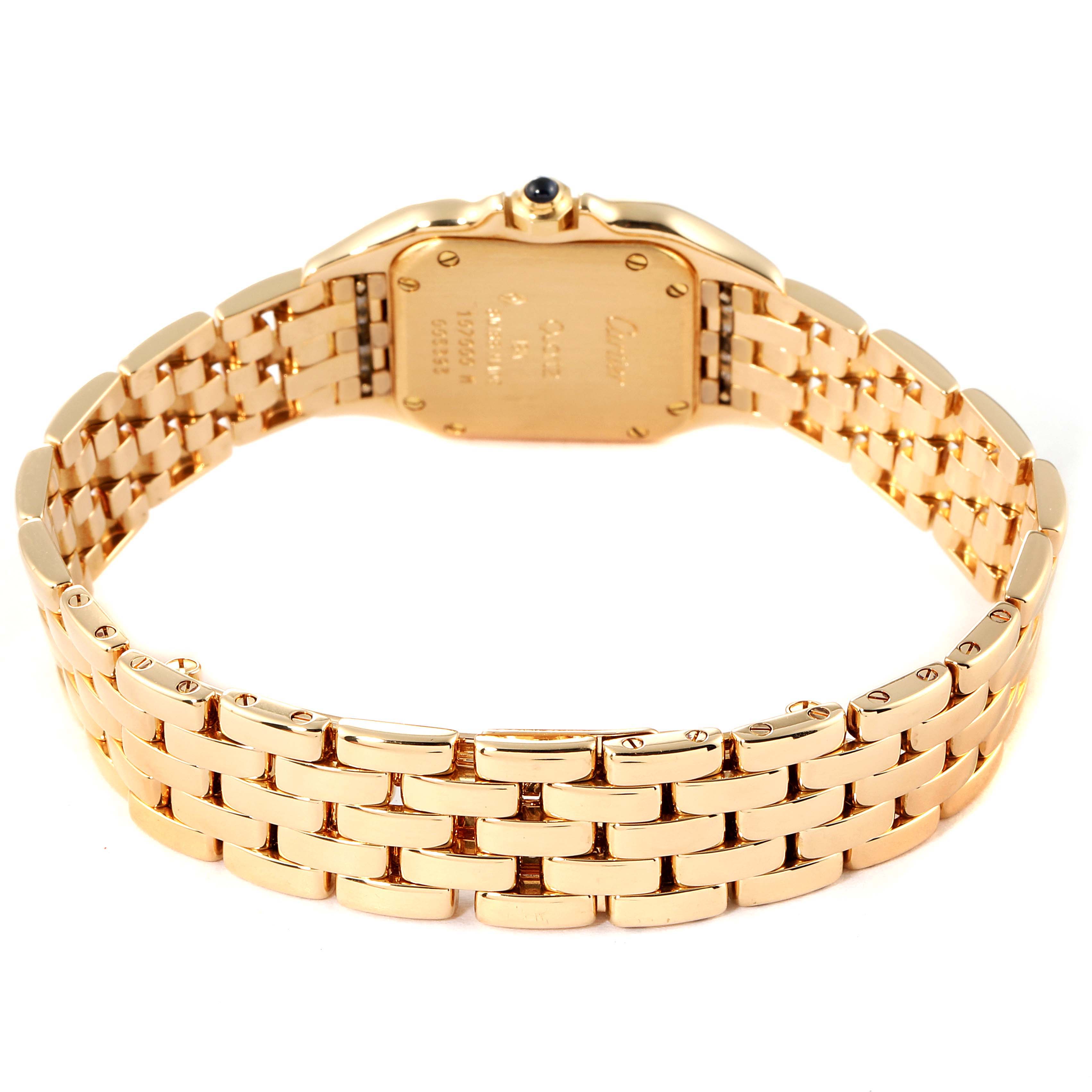 The image shows the back view of a gold Panthere model watch by Cartier, highlighting its case back and bracelet.